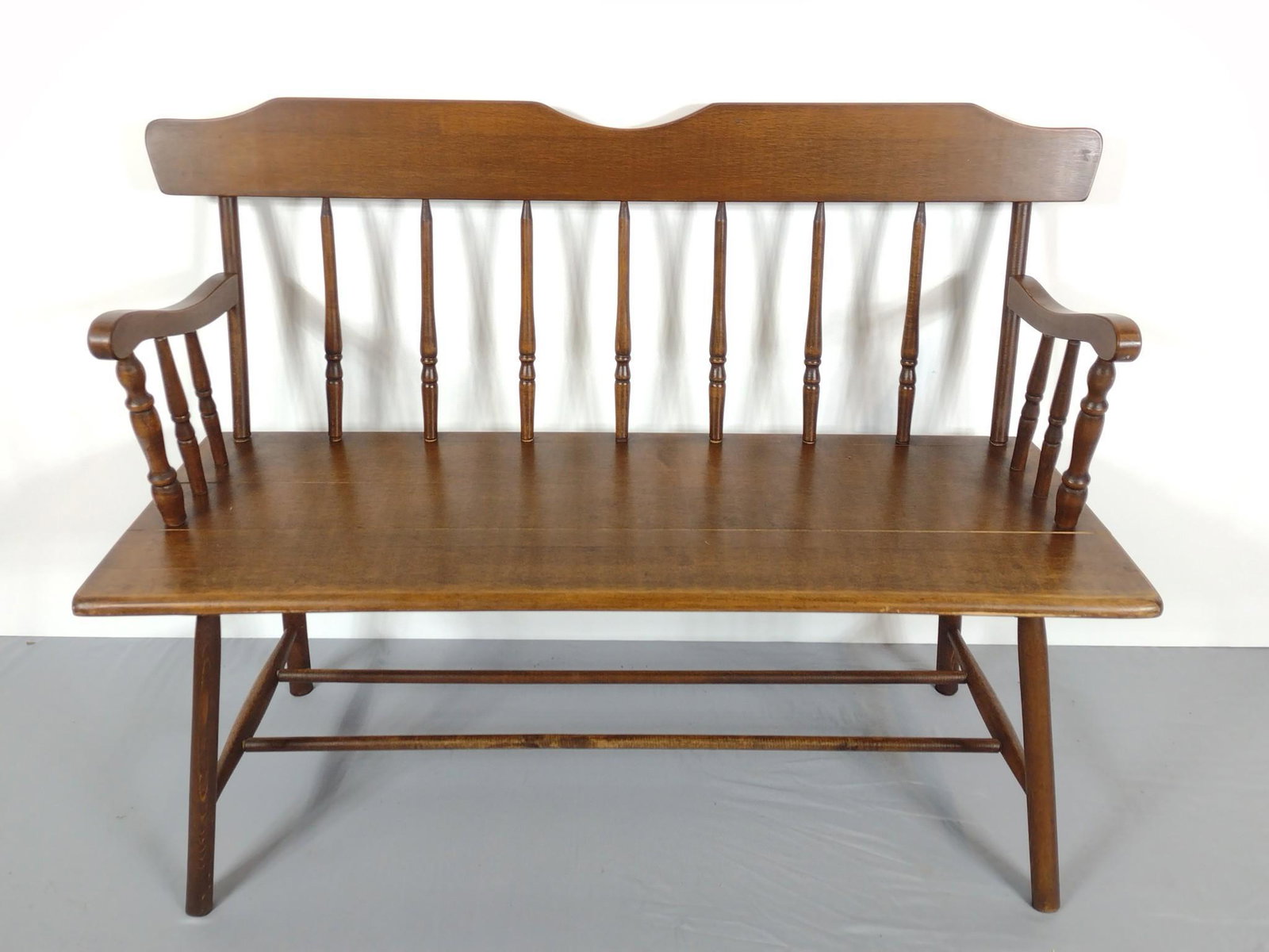 Wood Bench: 48" wide X 17" deep X 34-1/2" high. Has some light scratches. Provenance: From the estate of Mary Trost who last resided in the multi generational family home located in Clarks Valley, Dauphin (Harris