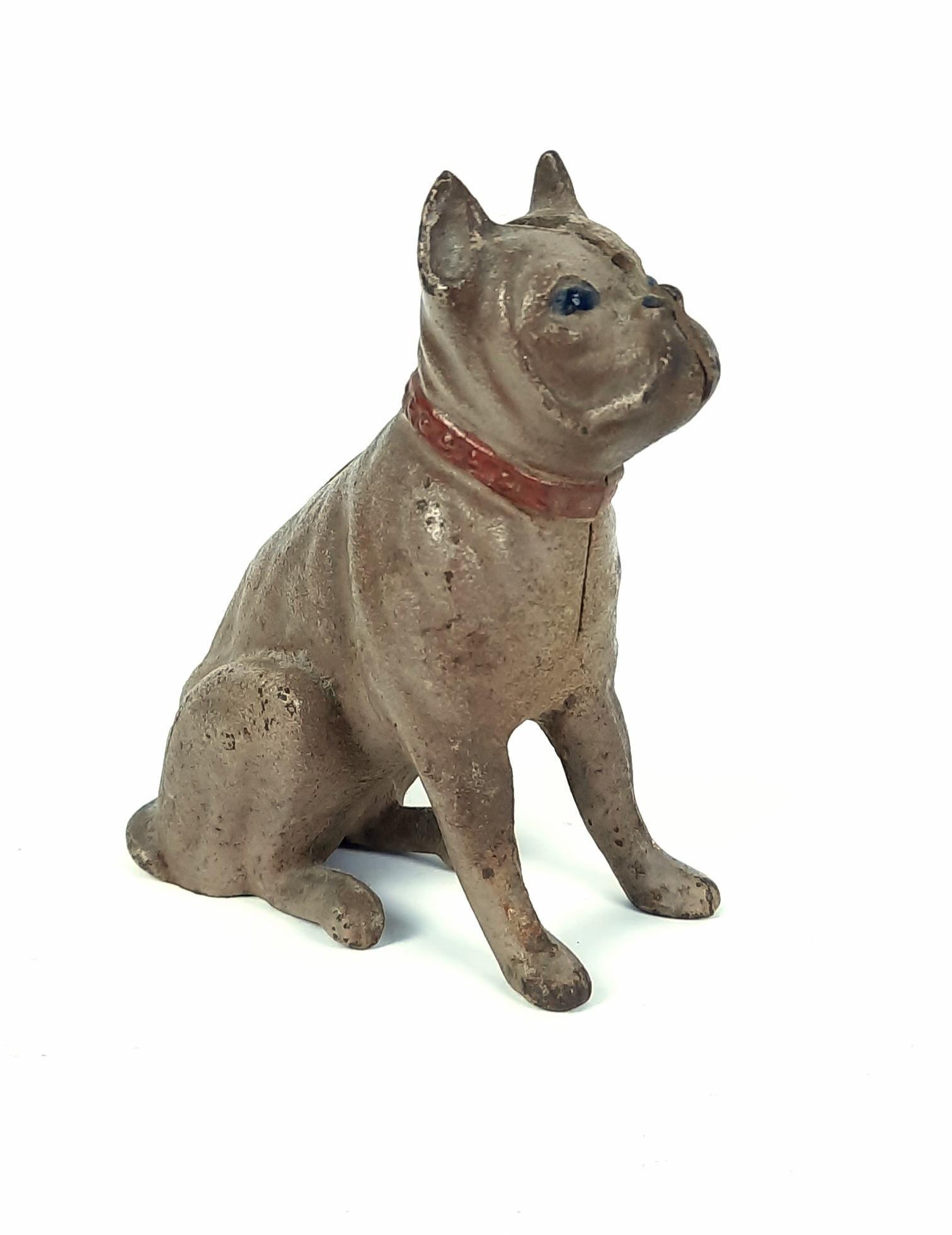 Cast Iron Bull Dog Bank: 3-3/4" wide x 4-1/4" high. Some paint losses and minor rusting. LR Provenance: From the estate of Mary Trost who last resided in the multi generational family home located in Clarks Valley, Dauphin (H