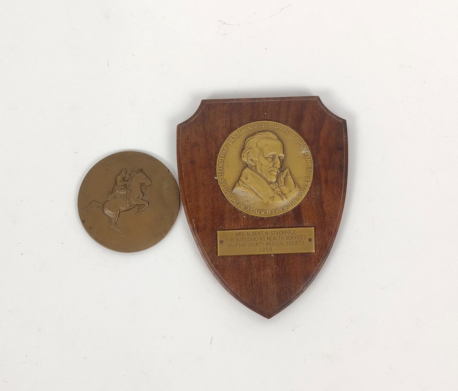 Medallion & Award Plaque: Medallion: "Spa Nische Reitschule in Wien". Benjamin Rush Award presented by The Medical Society of the State of Pennsylvania: "Mrs. Albert H. Stackpole For Outstanding Health Services Dauphin County 