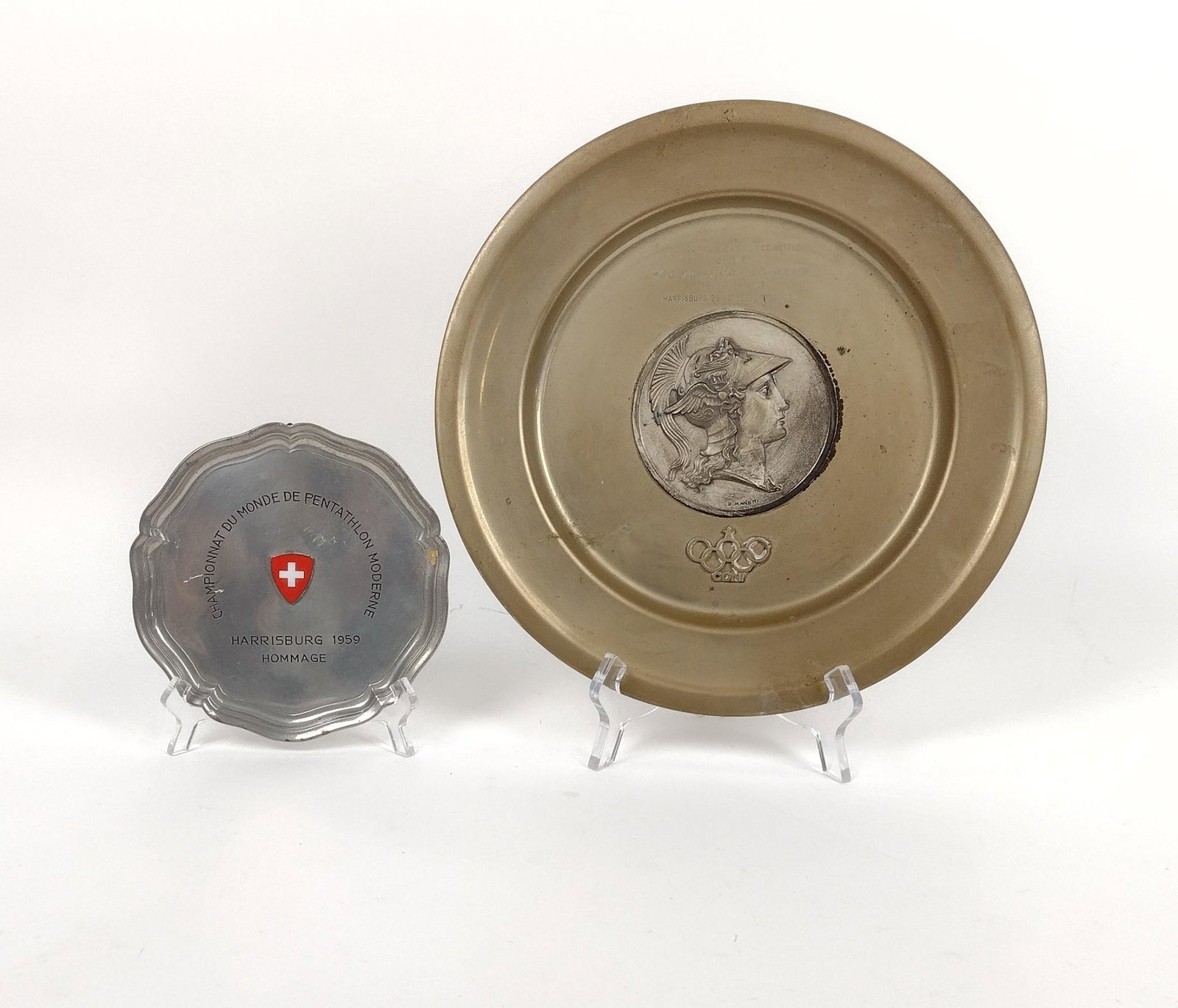 2 Pentathlon Commemorative Plaques: Includes: 1) "To the Organizing Committee of the World Modern Pentathlon Championship The Italian Team Harrisburg 26-30 September 1959" and 2) "Championnat due Monde de Pentathlon Moderne Harrisburg 1