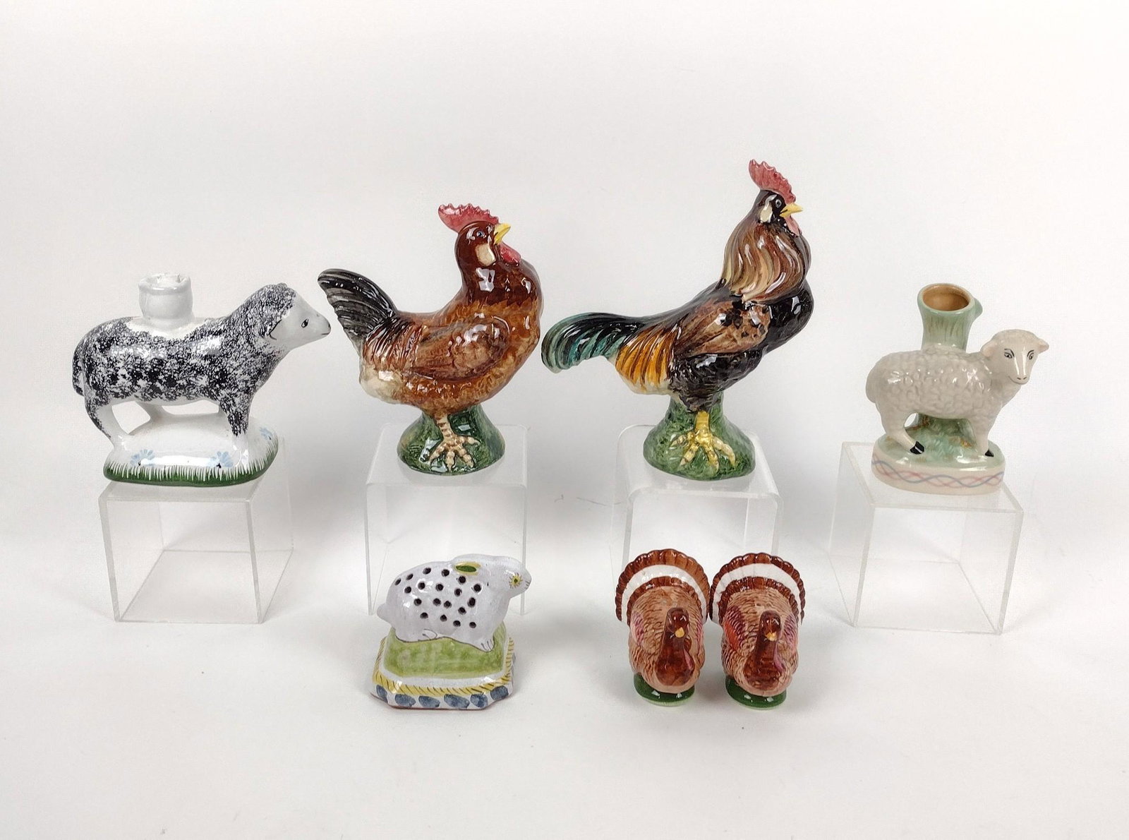 7 Animal Figurines incl Majolica: 2-1/2" to 4-1/4" wide X 2-3/4" to 8-1/2" high. MEG Provenance: From the estate of Mary Trost who last resided in the multi generational family home located in Clarks Valley, Dauphin (Harrisburg) Penns