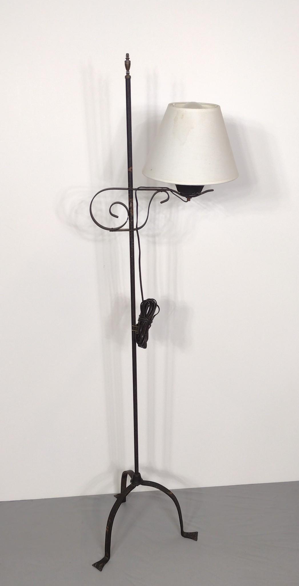 Painted Metal Floor Lamp: 15-1/2" wide X 15" deep X 57-1/2" high. Working. Has some paint loss and rust. MG. Provenance: From the estate of Mary Trost who last resided in the multi generational family home located in Clarks Va