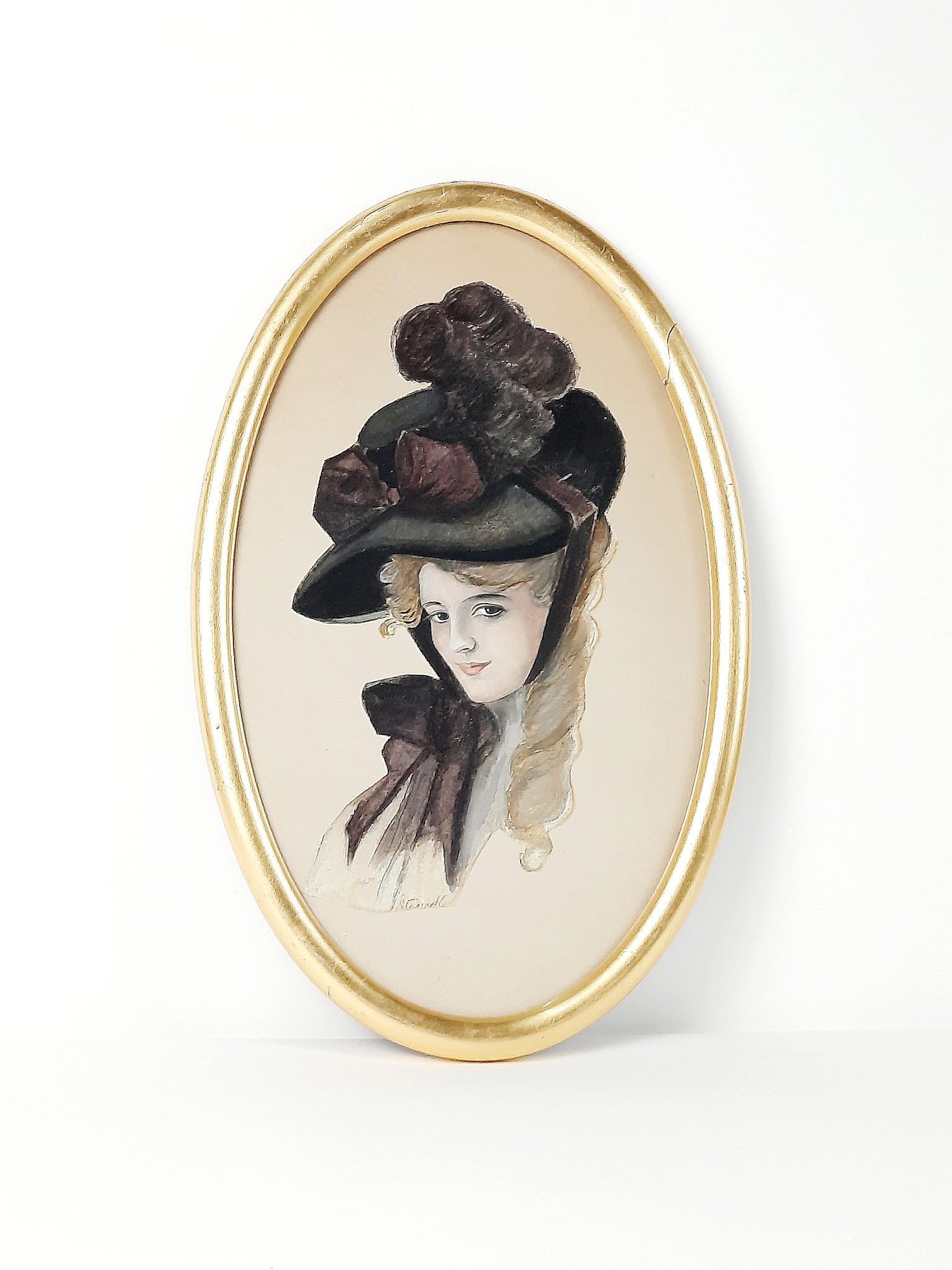 Harrison Fisher Style Portrait Watercolor: Signed B. Canwell. Overall with frame 17-1/4" high x 11" wide. Watercolor cut around portrait and glued to backing. LR IMPORTANT: Before bidding, please read the terms and conditions. When you registe