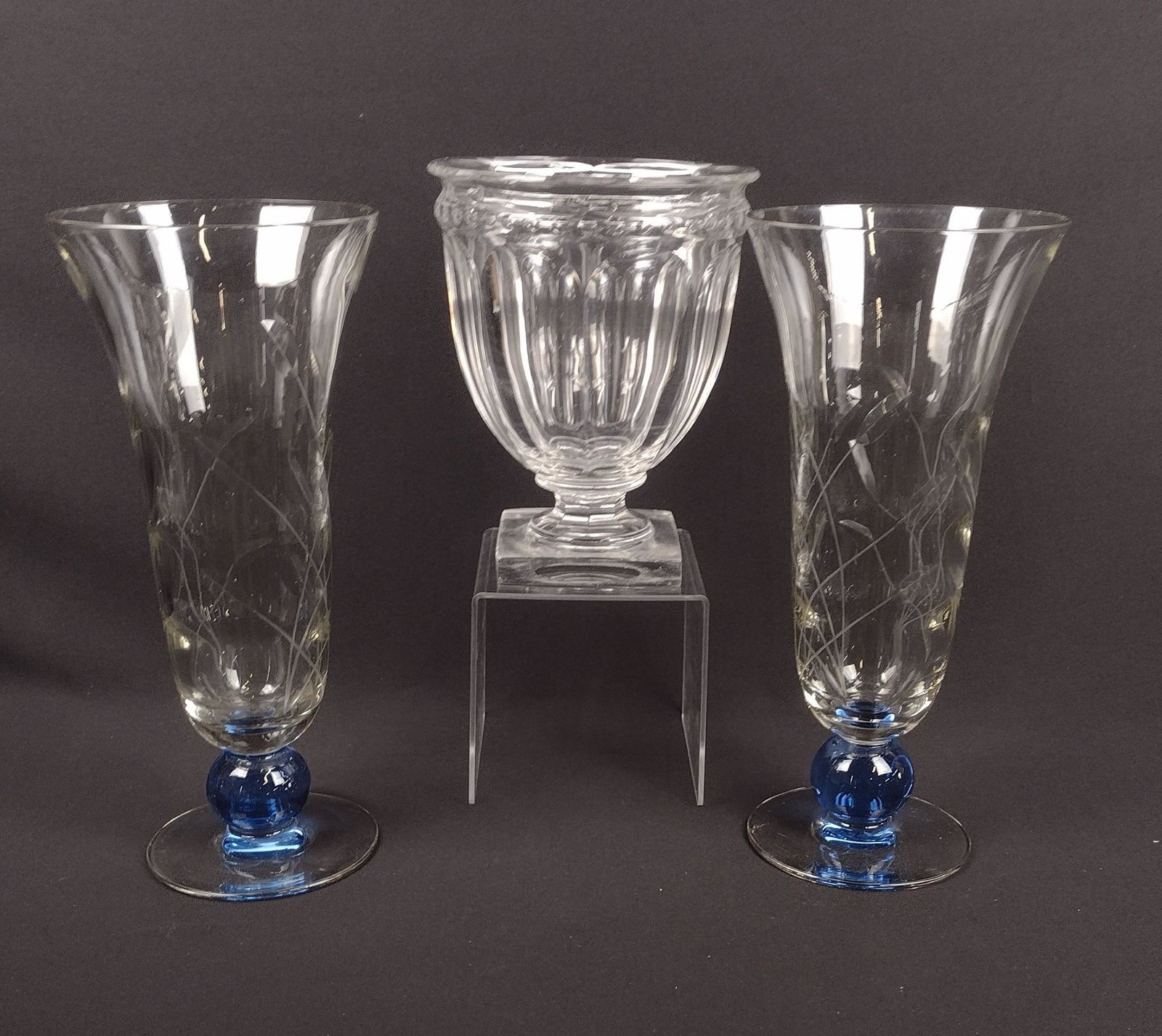 3 Glass Vases: 6" to 6-3/4" diameter X 8-3/4" to 13" high. MEG Provenance: From the estate of Mary Trost who last resided in the multi generational family home located in Clarks Valley, Dauphin (Harrisburg) Pennsylv
