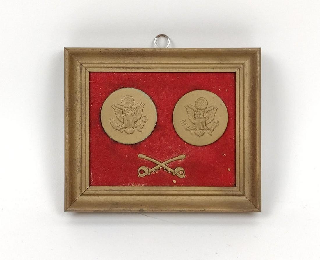 2 Cavalry Bridle Ornaments & Crossed Sabers: 6" wide X 5-1/4" high. MEG Provenance: From the estate of Mary Trost who last resided in the multi generational family home located in Clarks Valley, Dauphin (Harrisburg) Pennsylvania. Mrs. Trost was 