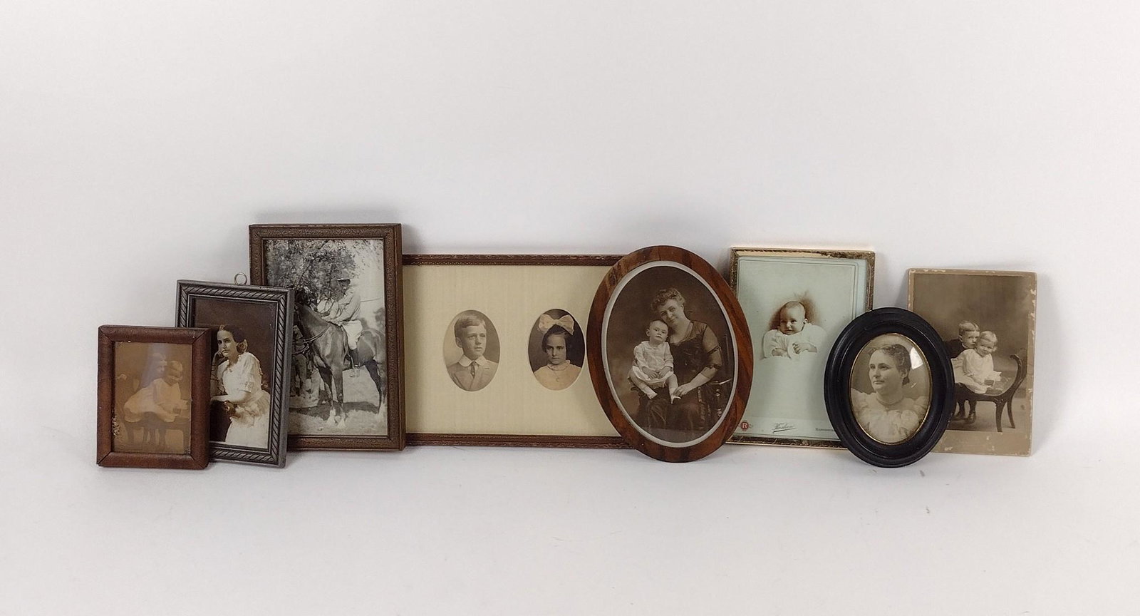 8 Vintage Photographs: Overall with frames: 4-1/2" to 9-1/2" wide X 5-1/2" to 7" high. MEG Provenance: From the estate of Mary Trost who last resided in the multi generational family home located in Clarks Valley, Dauphin (