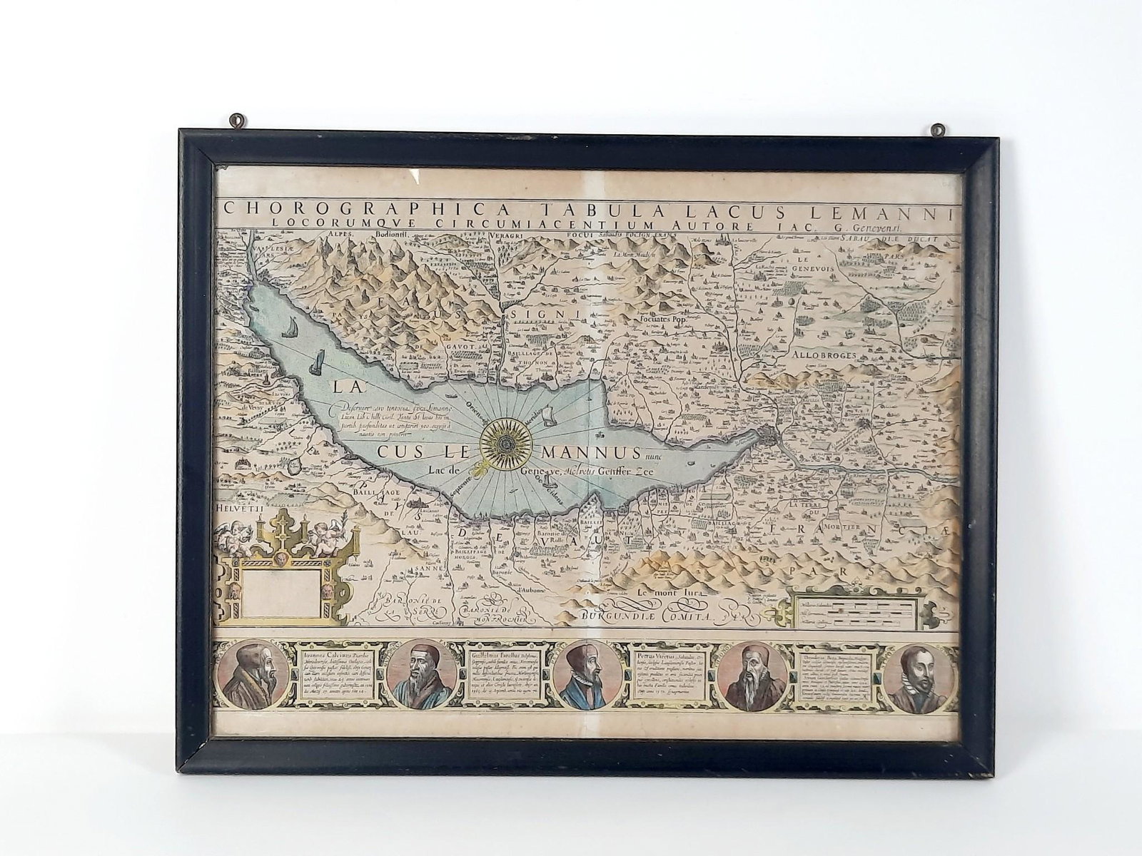 Choreographica Tabula Lacus Lemanni Map: Overall with frame 18-1/2" high x 23" wide. LR Provenance: From the estate of Mary Trost who last resided in the multi generational family home located in Clarks Valley, Dauphin (Harrisburg) Pennsylva