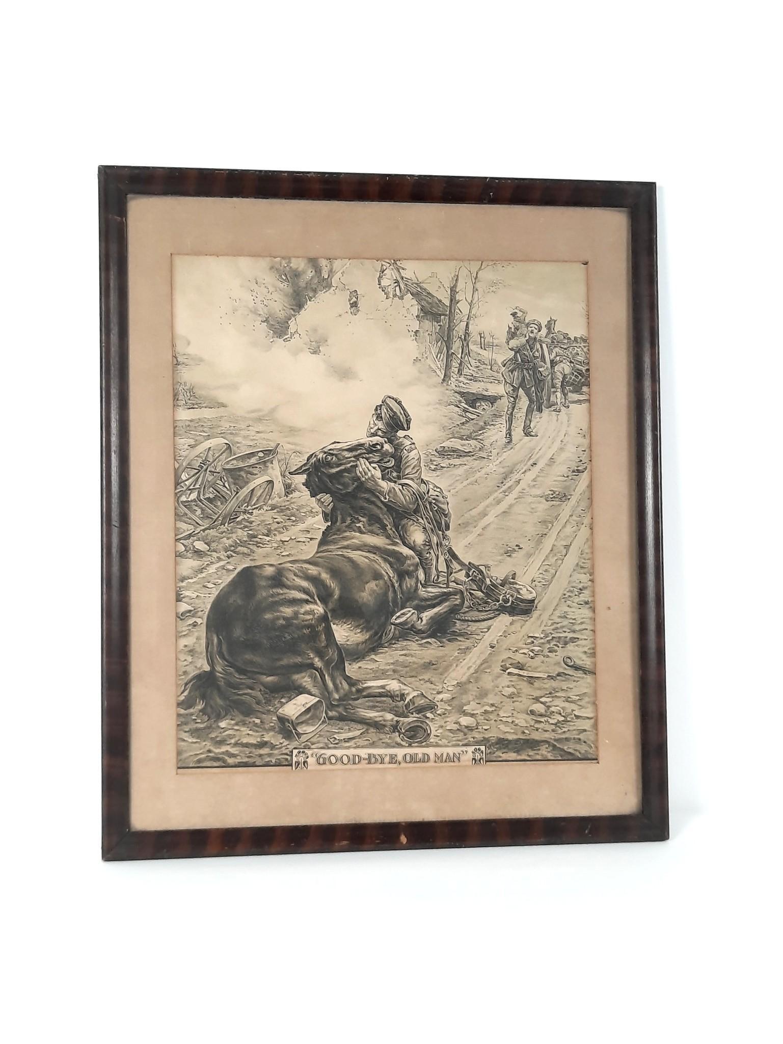"Good-Bye, Old Man" Antique Print: Overall with frame 25-3/4" high x 21-1/2" wide. LR Provenance: From the estate of Mary Trost who last resided in the multi generational family home located in Clarks Valley, Dauphin (Harrisburg) Penns
