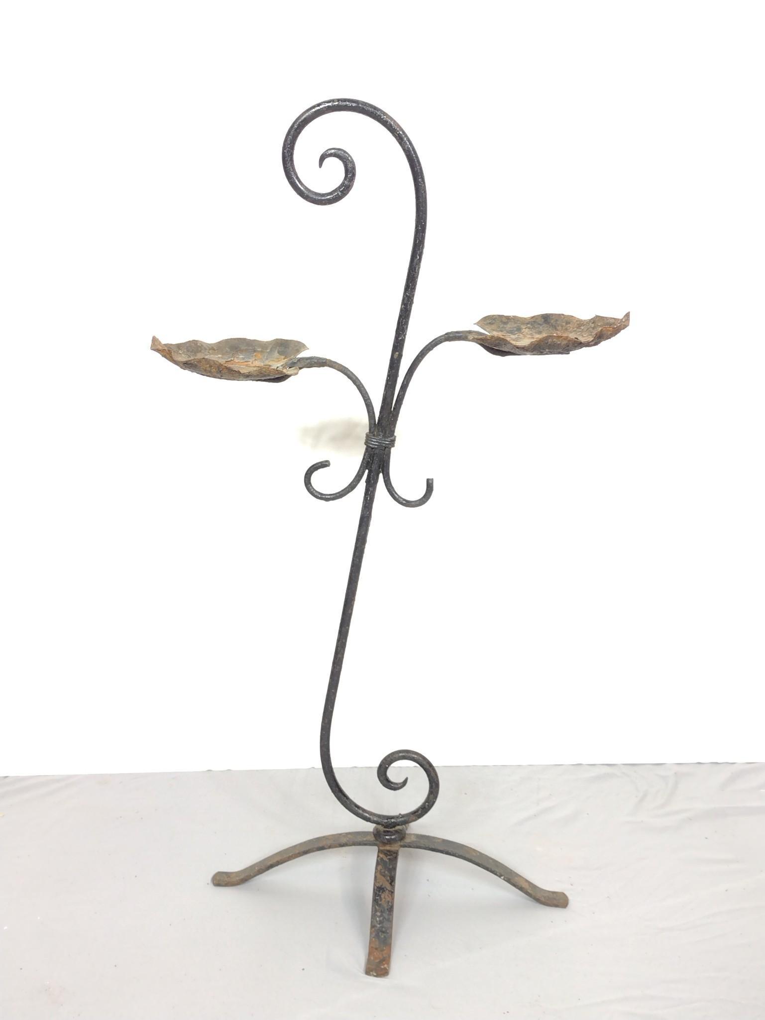 Wrought Iron Leaf Stand: 20" wide X 12-1/2" deep X 36" high. Has some paint loss and discoloring. MG. Provenance: From the estate of Mary Trost who last resided in the multi generational family home located in Clarks Valley, 