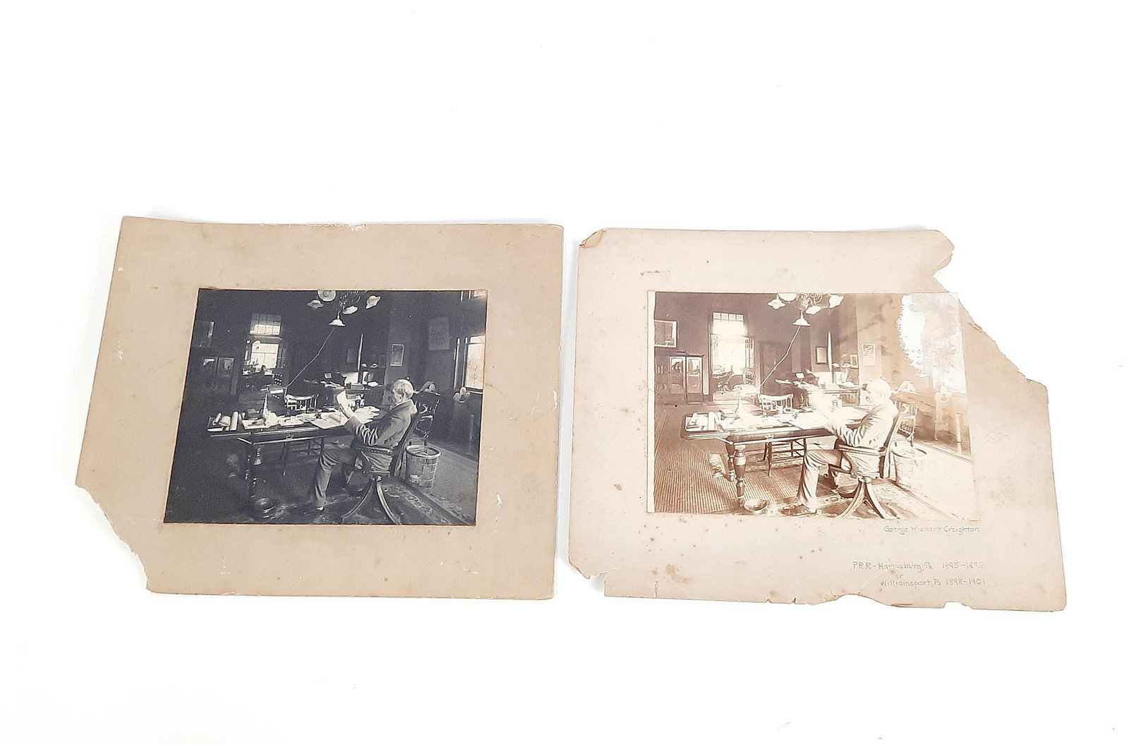 2 PRR Photographs of George Wishart Creighton: Each approximately 10" high x 12" wide. Verso of one marked 1897. Other marked "George Wishart Creighton PRR Harrisburg, PA 1895-1898 or Williamsport, PA 1898-1901". George Wishart Creighton was the f