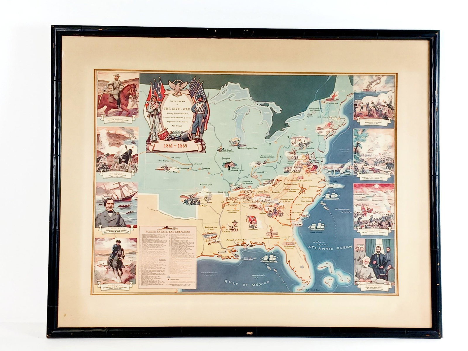 1956 The Picture Map of The Civil War: Manufactured by Grosset and Dunlap. Overall with frame 29-1/2" high x 37-1/4" wide. Some discoloration. LR IMPORTANT: Before bidding, please read the terms and conditions. When you registered for the 