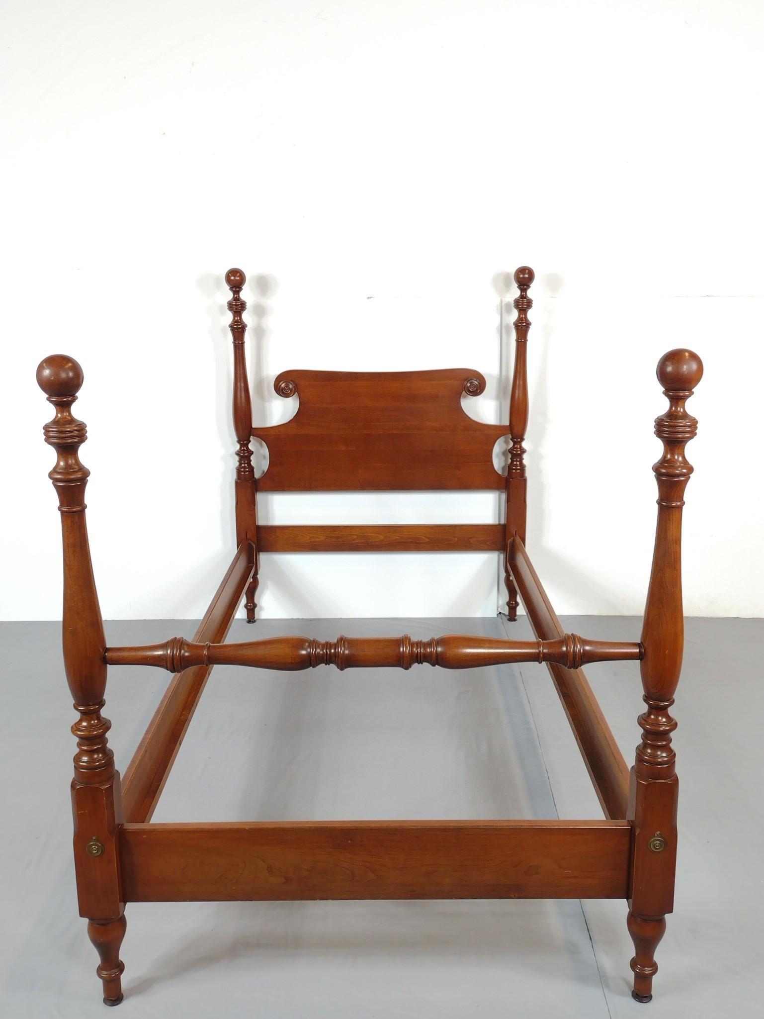Twin Size Bed: 43" wide X 82" deep X 53" high. No manufactures name found. MG. IMPORTANT: Before bidding, please read the terms and conditions. When you registered for the auction you agreed to these terms and will 