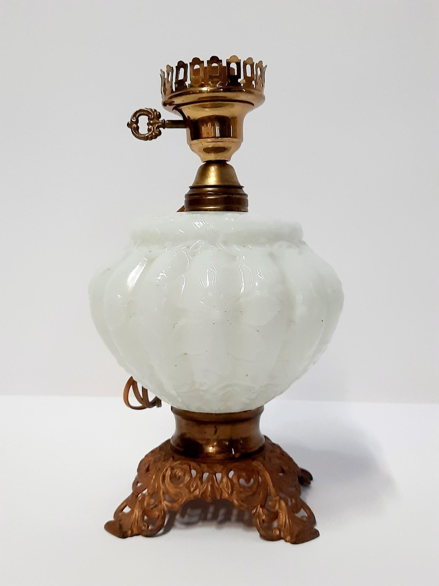 Floral Glass Lamp with Filigree Base: Working. 7" diameter x 12" high. Marked "187" under base. LR IMPORTANT: Before bidding, please read the terms and conditions. When you registered for the auction you agreed to these terms and will be 