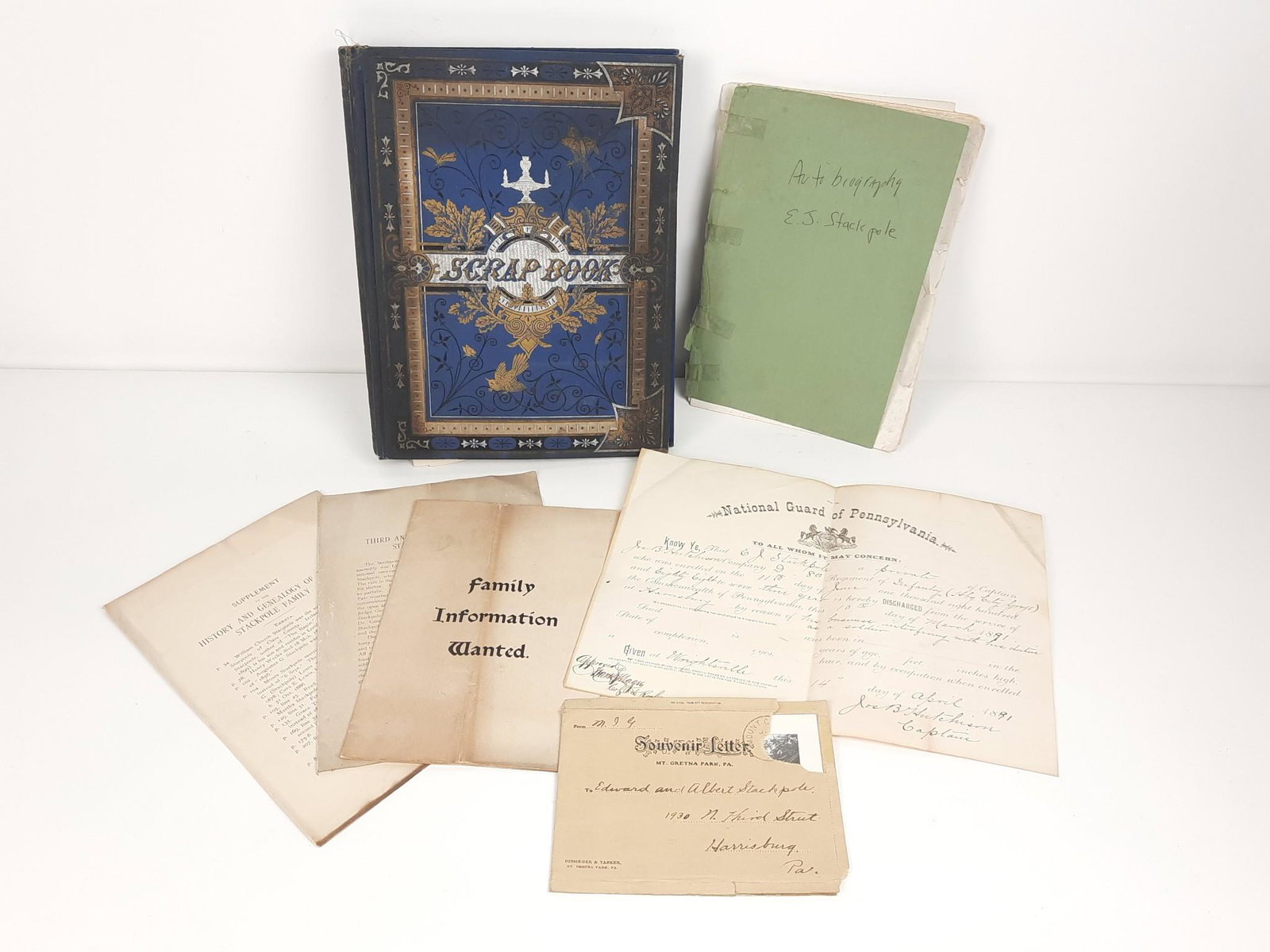 E. J. Stackpole's Autobiography and Family Information: Also includes newspaper scrapbook and Souvenir Letter Mt. Gretna Park, PA. LR Provenance: From the estate of Mary Trost who last resided in the multi generational family home located in Clarks Valley,