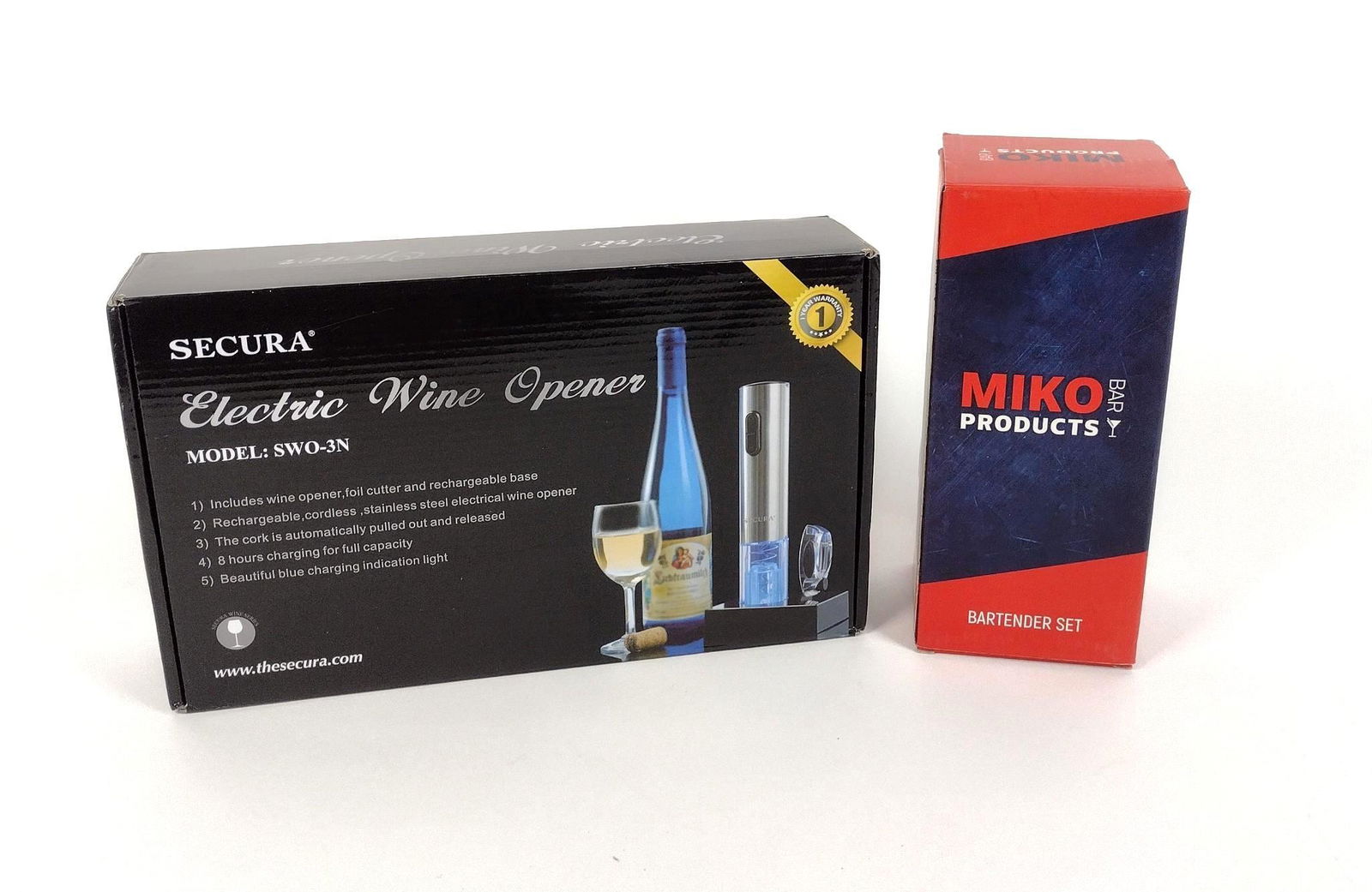 Grouping of Bar Tools incl Secura Electric Wine Opener: Both in original boxes. Also includes Miko Bartender Set. Secura: Model SWO-3N. MEG IMPORTANT: Before bidding, please read the terms and conditions. When you registered for the auction you agreed to t