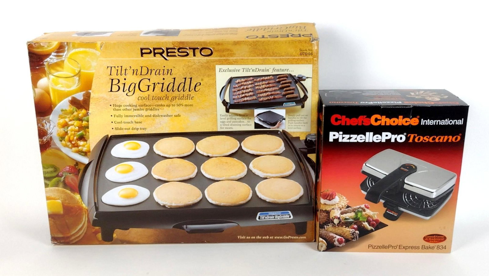 Presto Big Griddle & Chef's Choice PizzellePro Toscano: Working. Both in original boxes. Griddle: model 0704610. PrizellePro: model 834. Boxes: 11-1/2" to 24" wide X 4" to 6" deep X 13-3/4" to 18" high. MEG IMPORTANT: Before bidding, please read the terms 