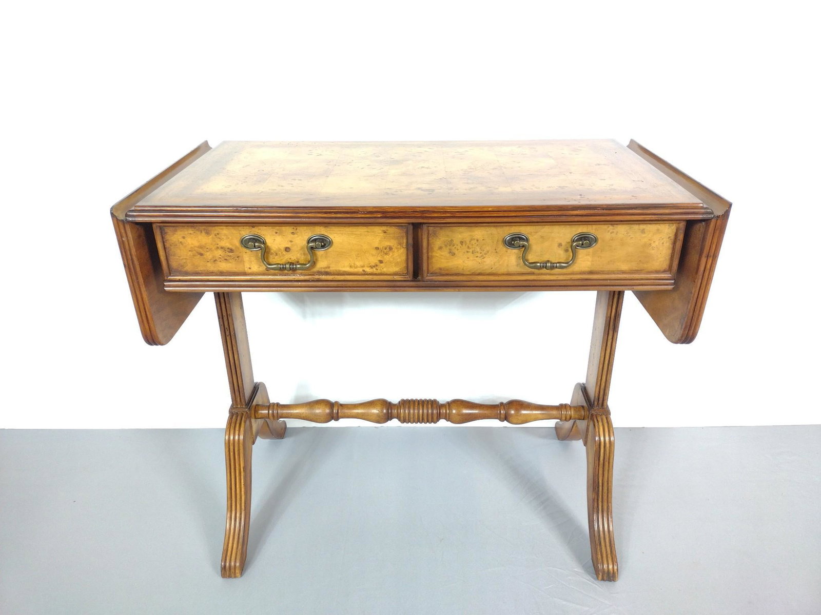 Sofa Table: Closed 35-1/4", open 52-1/4" wide X 19" deep X 30-1/4" high. No manufactures name found. MG. IMPORTANT: Before bidding, please read the terms and conditions. When you registered for the auction you ag