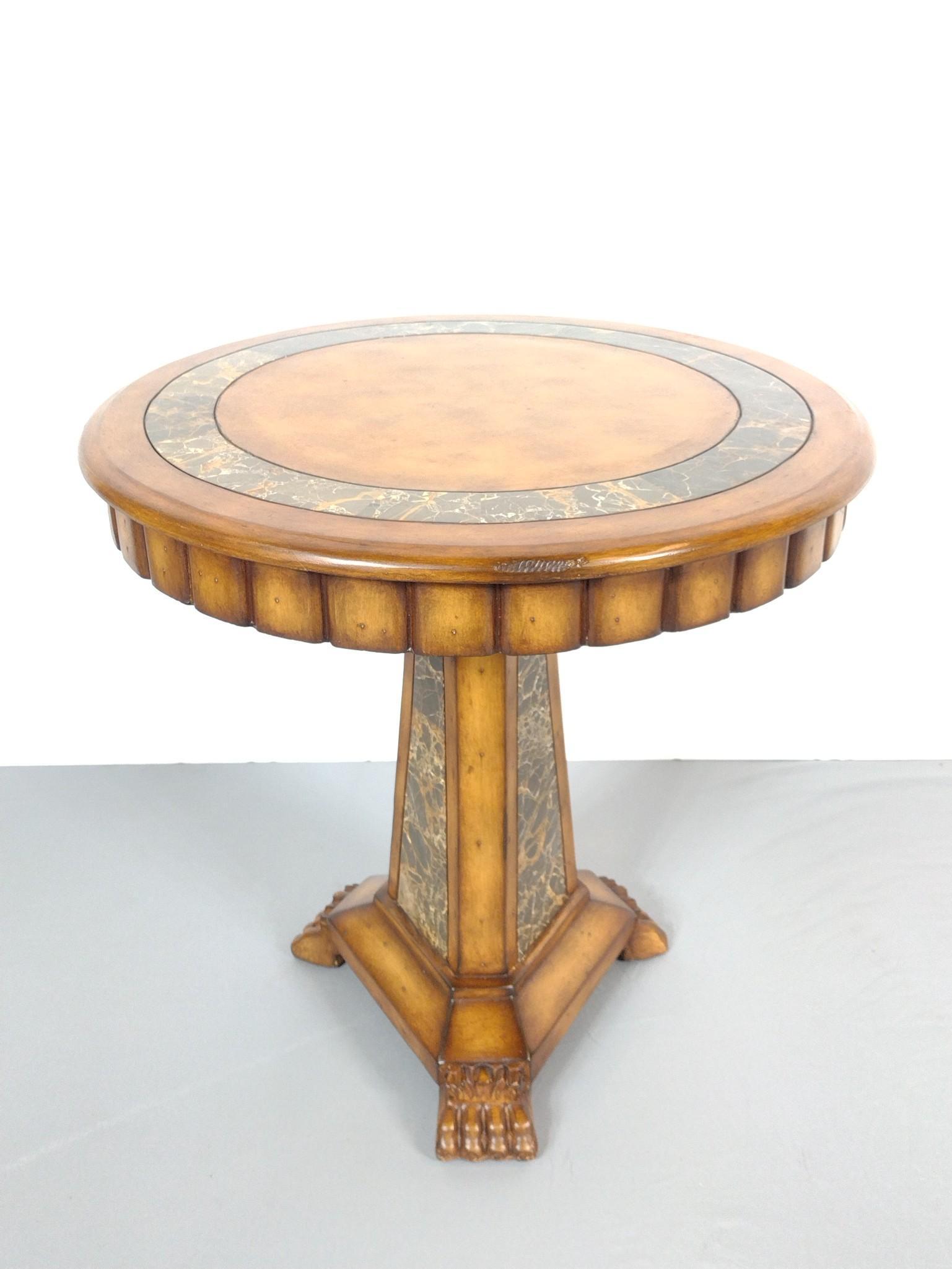 Ace Manufacturing Inlaid Occasional Table: 24" diameter X 24" high. MG. IMPORTANT: Before bidding, please read the terms and conditions. When you registered for the auction you agreed to these terms and will be required to comply with them.