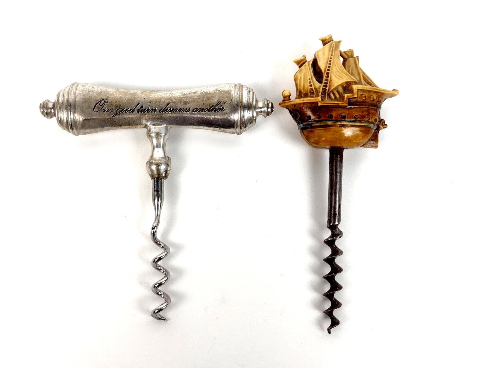 2 Corkscrews: Includes "One Good Turn Deserves Another" and resin ship. 2-1/4" to 4-1/2" wide X 4-1/2" to 5-1/2" long. MEG IMPORTANT: Before bidding, please read the terms and conditions. When you registered for th