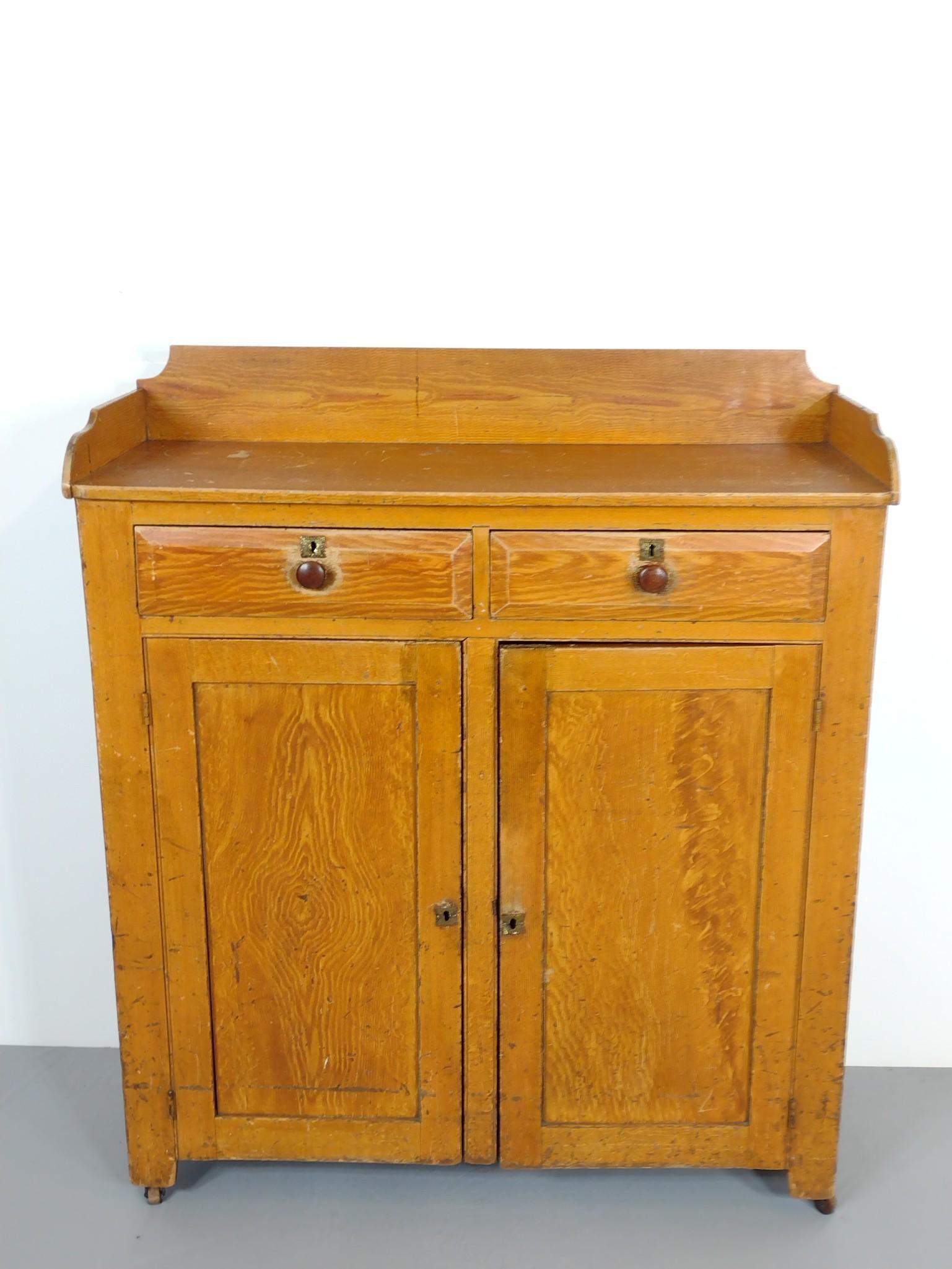 Jelly Cupboard: 43" wide X 16-1/2" deep X 49-1/2" high. Has scratches and finish loss. Has key. MG. IMPORTANT: Before bidding, please read the terms and conditions. When you registered for the auction you agreed to t