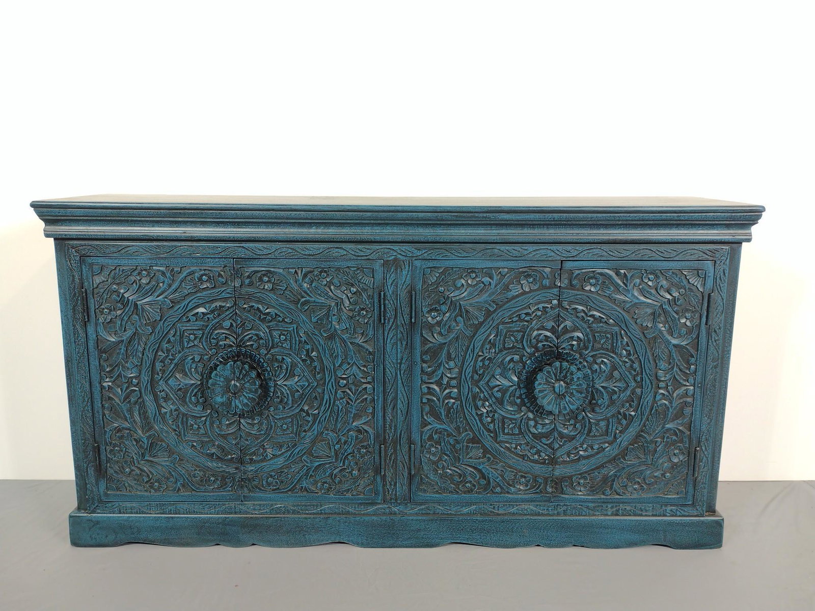 Blue Credenza: 58" wide X 14" deep X 30" high. No manufactures name found. MG. IMPORTANT: Before bidding, please read the terms and conditions. When you registered for the auction you agreed to these terms and will 