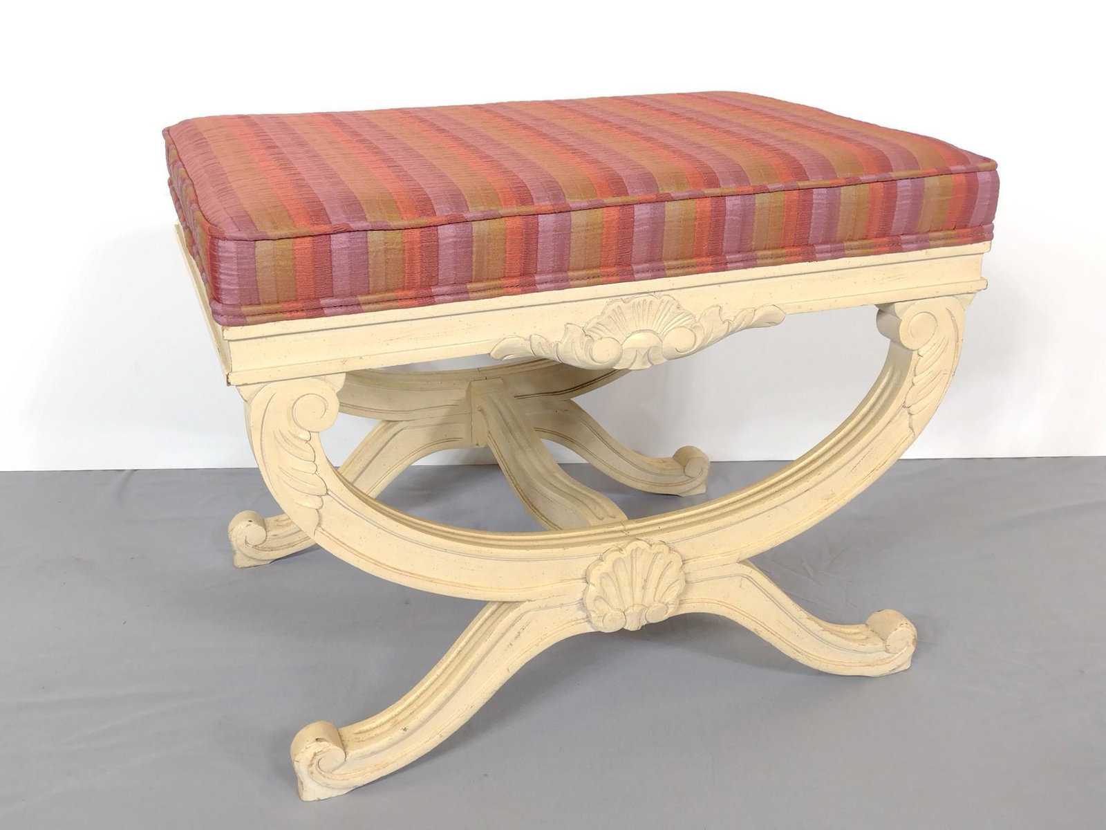 Upholstered Bench: 24" wide X 17" deep X 18" high. No manufactures name found. MG. From the estate of Lois Lehrman Grass Harrisburg, PA. IMPORTANT: Before bidding, please read the terms and conditions. When you register