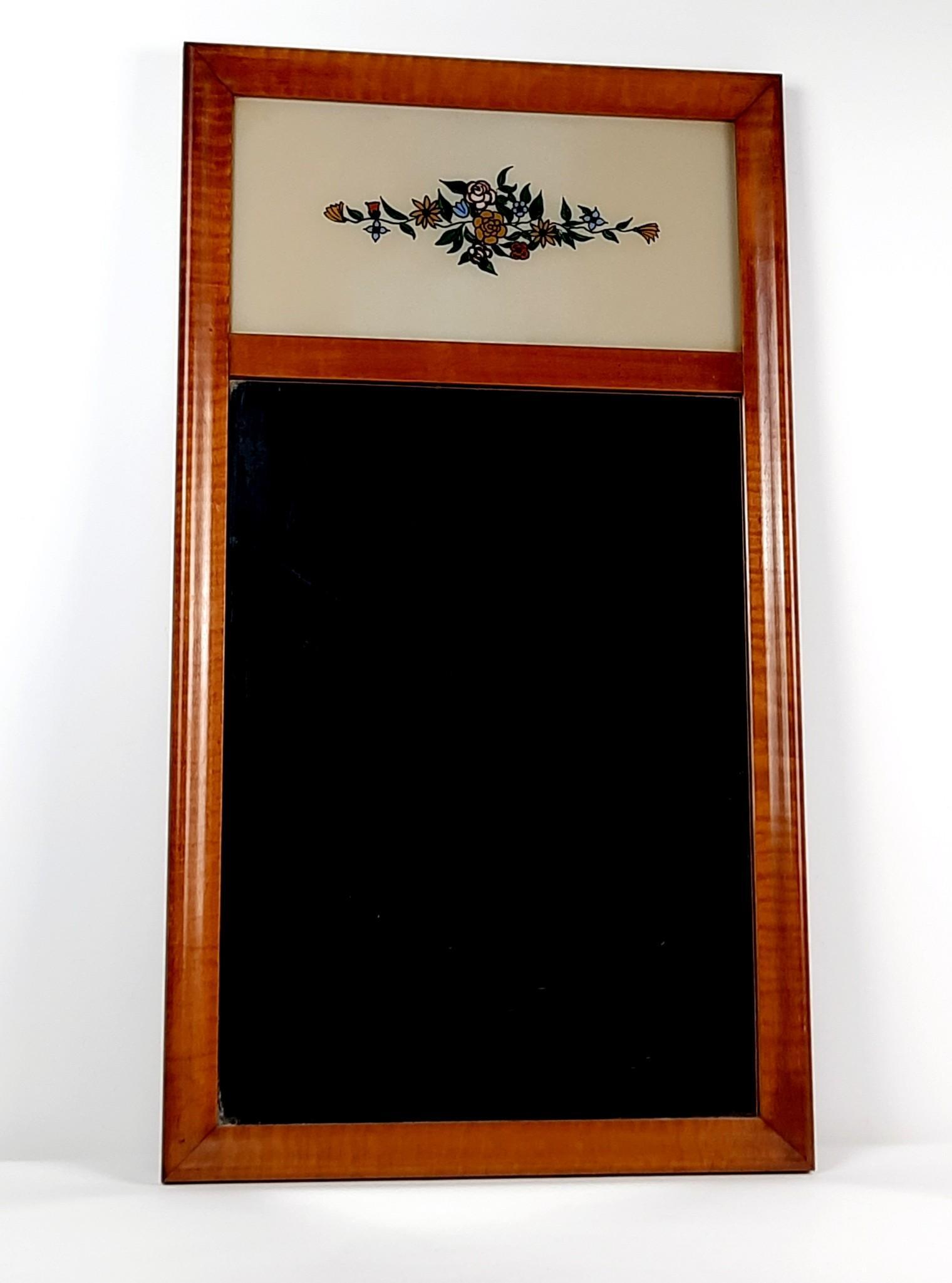 Reverse Painted Mirror with Tiger Maple Frame: Overall with frame 33" high x 18-1/4" wide. LR IMPORTANT: Before bidding, please read the terms and conditions. When you registered for the auction you agreed to these terms and will be required to co