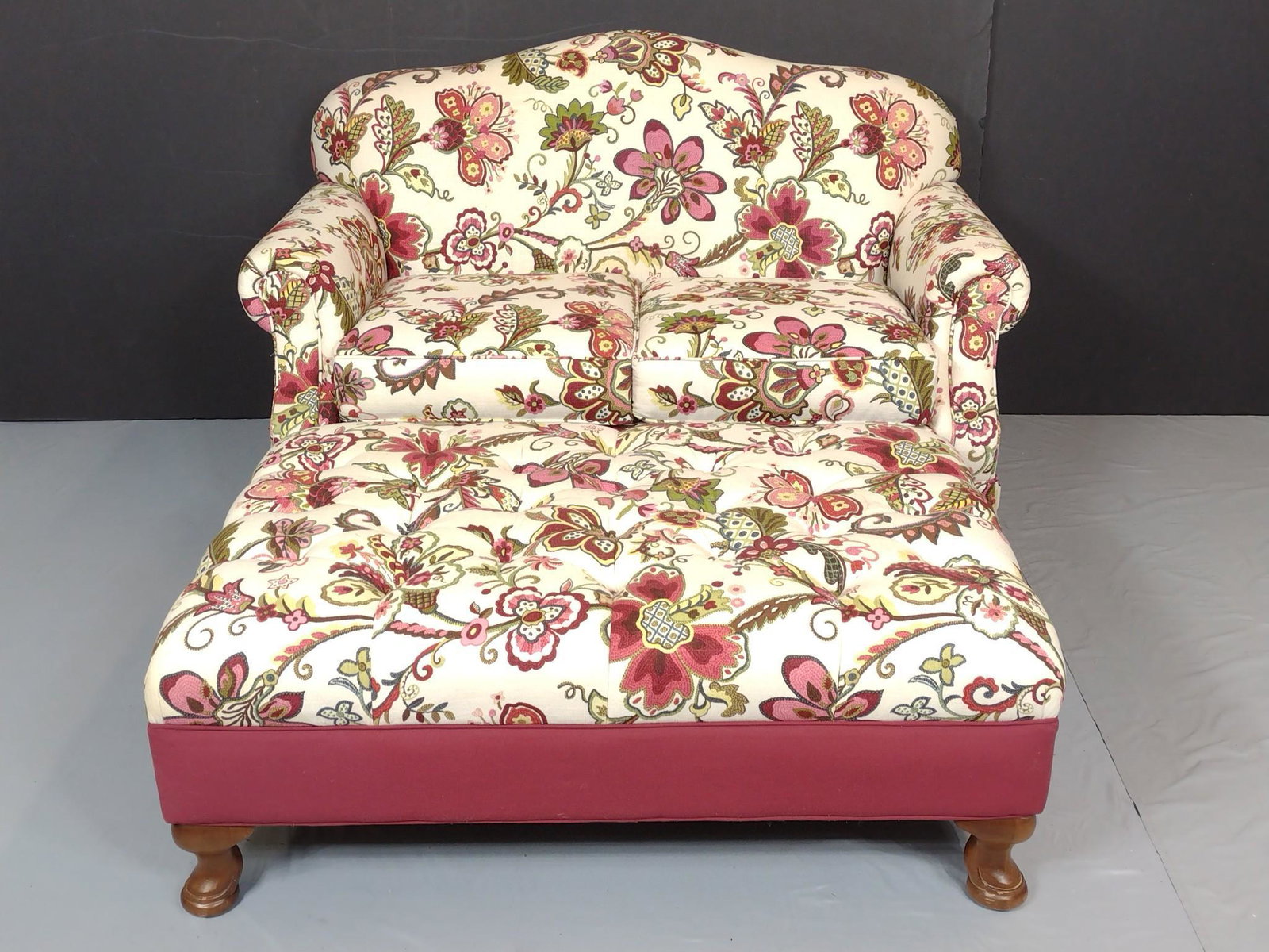 Emeraldcraft Loveseat and Oversized Ottoman: Loveseat 59" wide X 36" deep x37" high. Ottoman 45" wide X 30" deep X 18" high. Wood feet have some scratches. MG. IMPORTANT: Before bidding, please read the terms and conditions. When you registered 