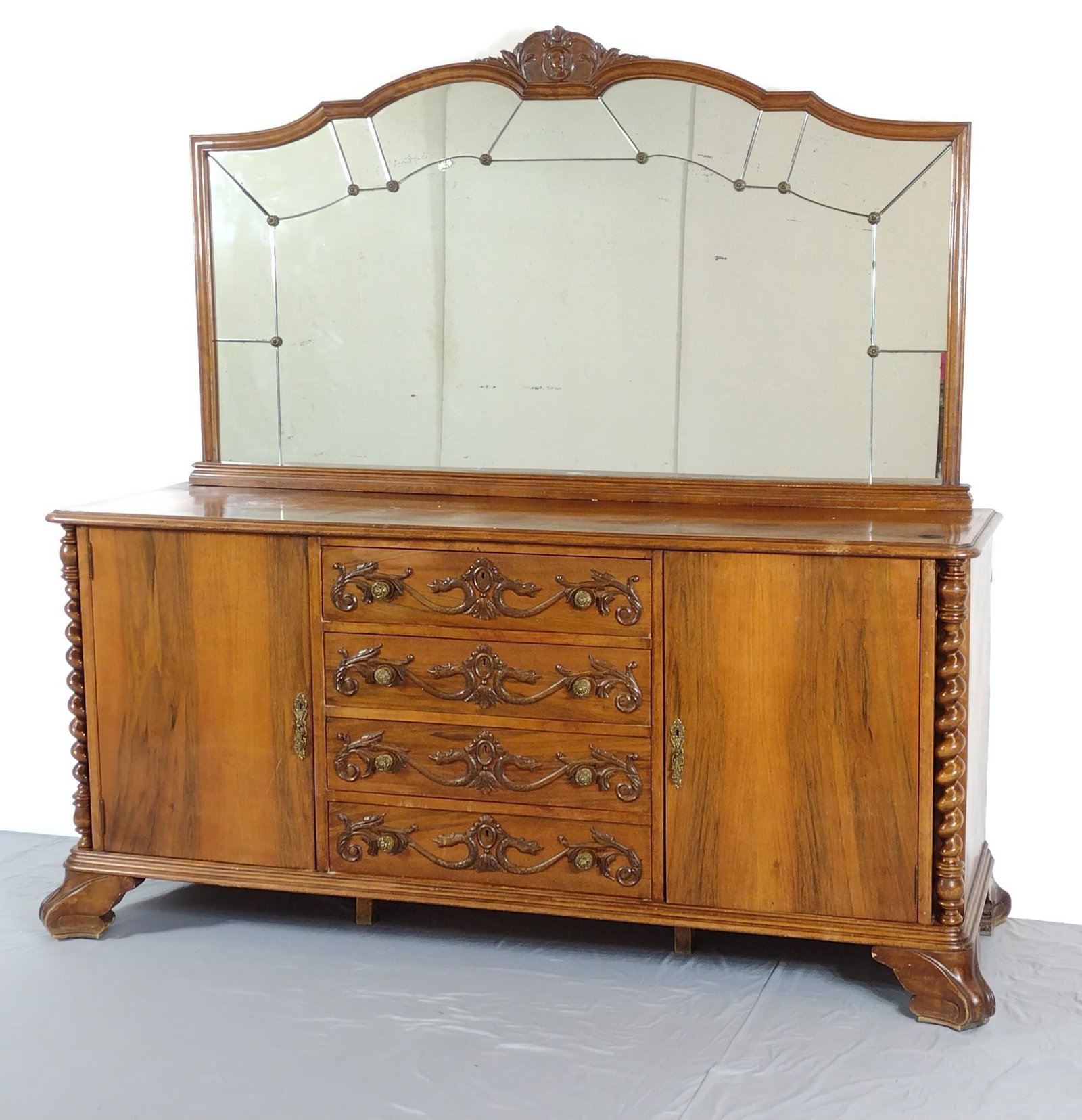 Mirrored Sideboard: 78-1/2" wide X 23" deep X 78-1/2" high. Top has burn mark. Also has scratches. Includes runner. MG. IMPORTANT: Before bidding, please read the terms and conditions. When you registered for the auction