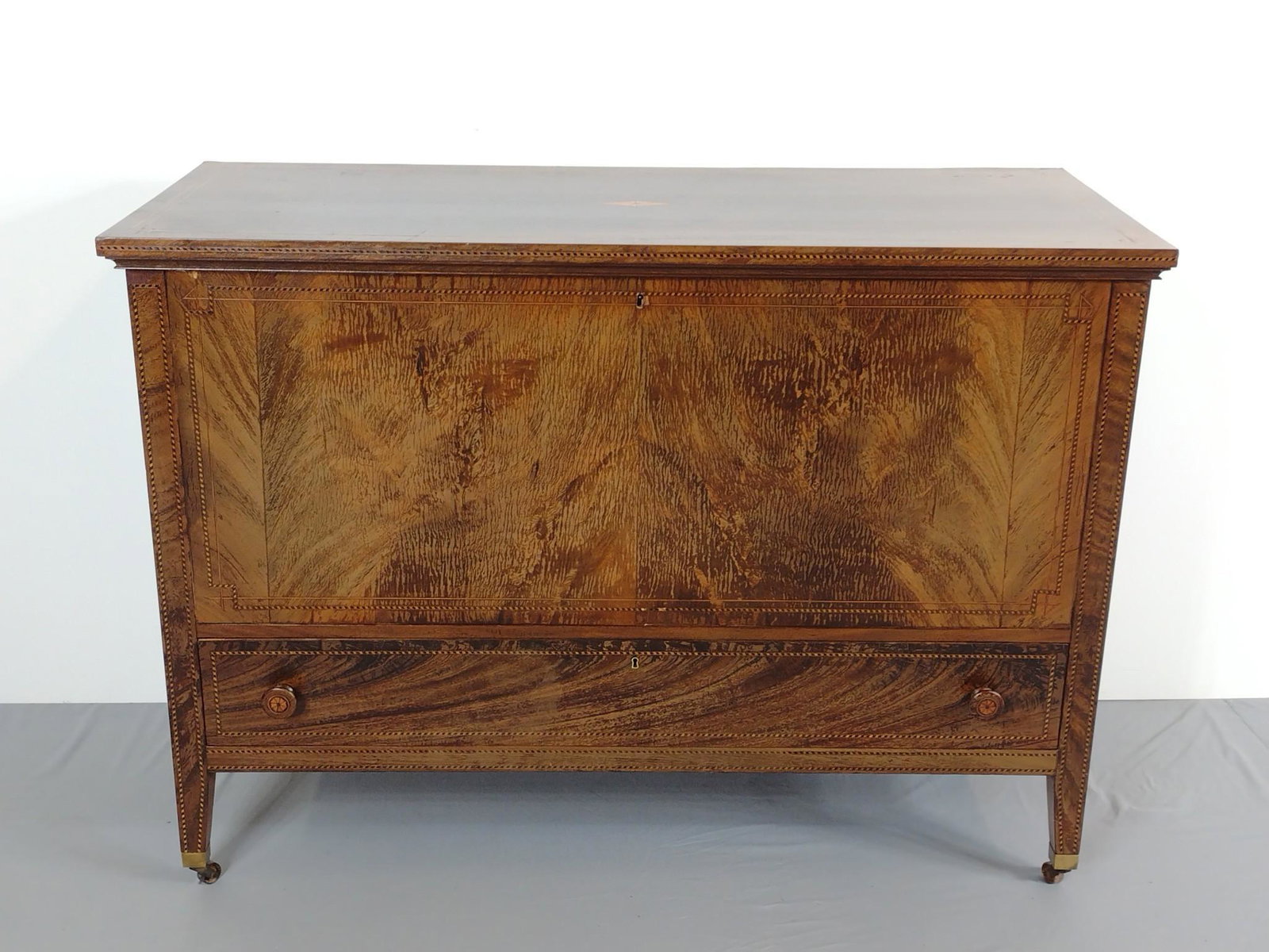 Inlaid Single Drawer Blanket Chest: 48" wide X 20" deep X 34-1/2" high. Has some fading and light scratches. Also has areas of veneer starting to lift. MG. IMPORTANT: Before bidding, please read the terms and conditions. When you regist