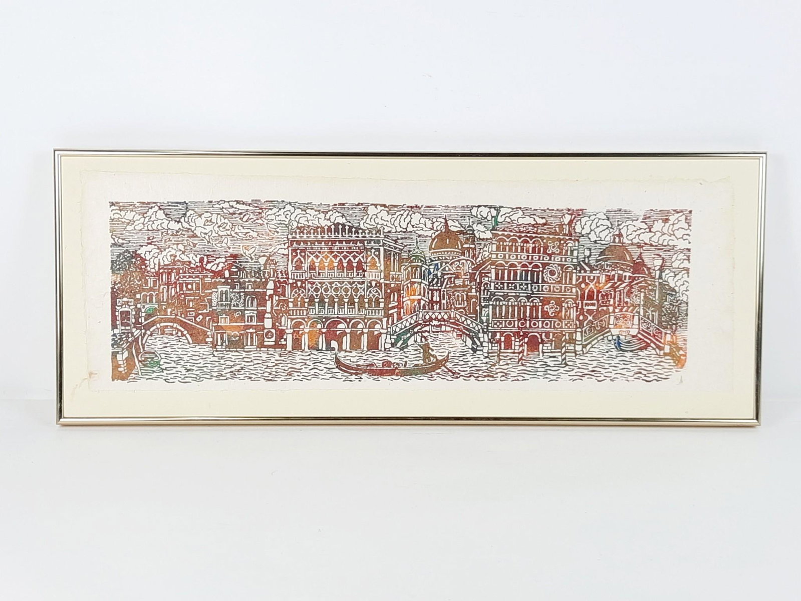 Multi-Colored View of Venice: Unsigned. Overall with frame 12-3/4" high x 32-1/2" wide. Some water spots. LR From the estate of Lois Lehrman Grass Harrisburg, PA. IMPORTANT: Before bidding, please read the terms and conditions. Wh