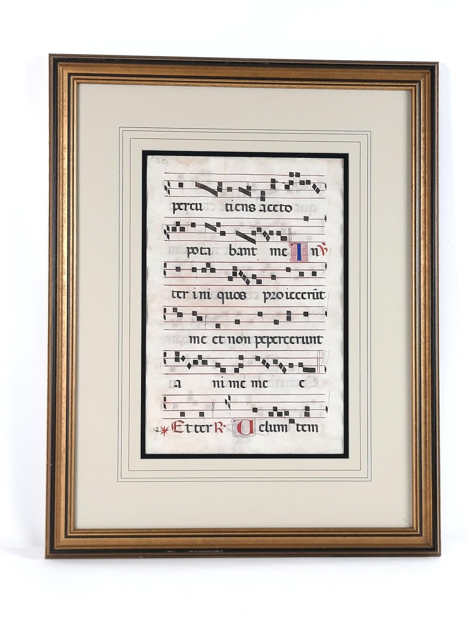 Antiphonary Manuscript Leaf: Overall with frame 28-3/4" high x 22-1/2" wide. LR IMPORTANT: Before bidding, please read the terms and conditions. When you registered for the auction you agreed to these terms and will be required t