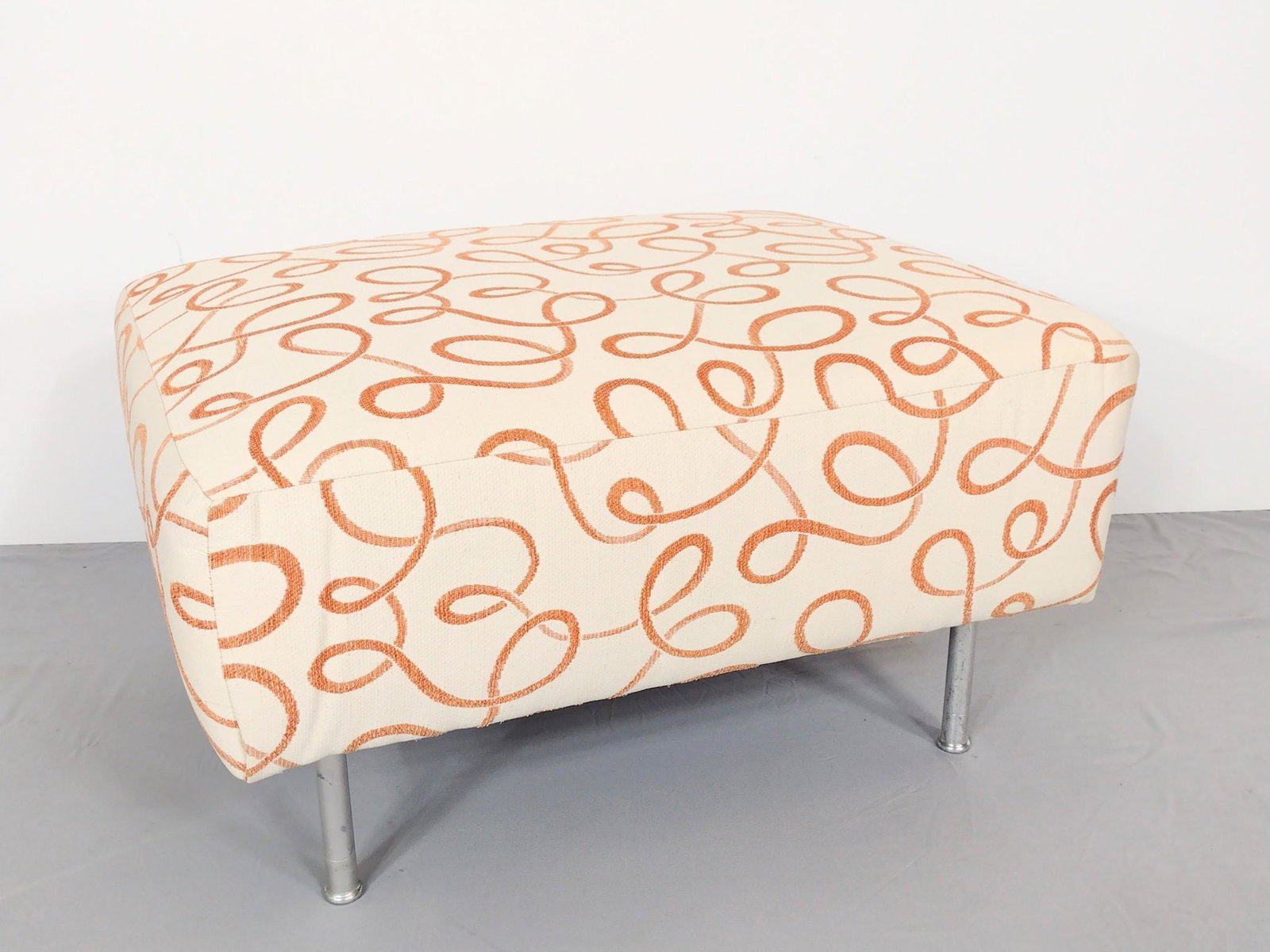 Ottoman With Chrome Legs: 31" wide X 24" deep X 17-1/2" high. Has a cigarette burn hole. No manufactures name found. MG. From the estate of Lois Lehrman Grass Harrisburg, PA. IMPORTANT: Before bidding, please read the terms an