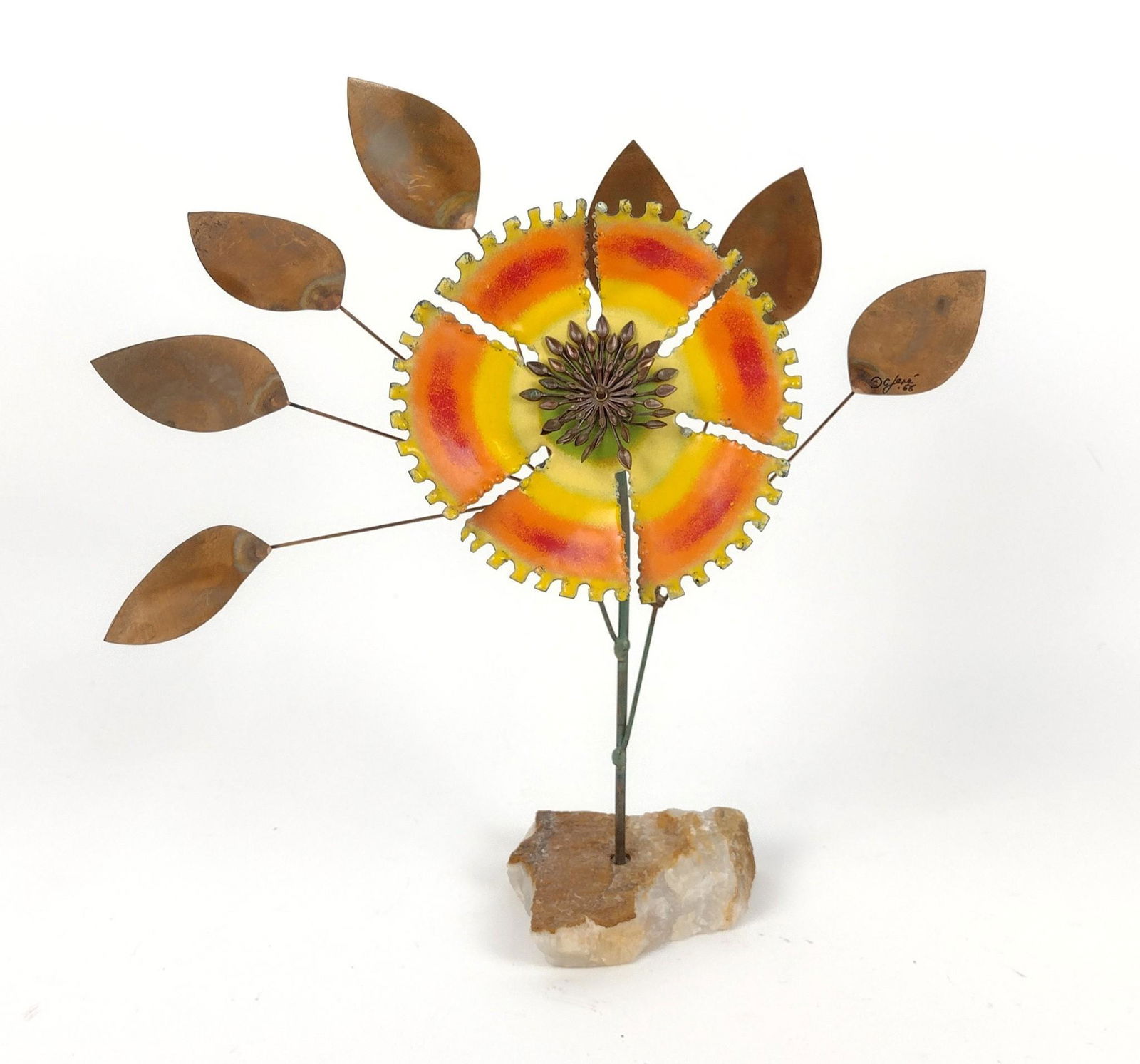 Curtis Jere Sunflower: Curtis Jere (1910 - 2008) was active/lived in California / China. Curtis Jere is known for Collaborative sculpture, Artisan House-even signed pieces are studio works. 14" wide X 14-1/2" high. MEG From