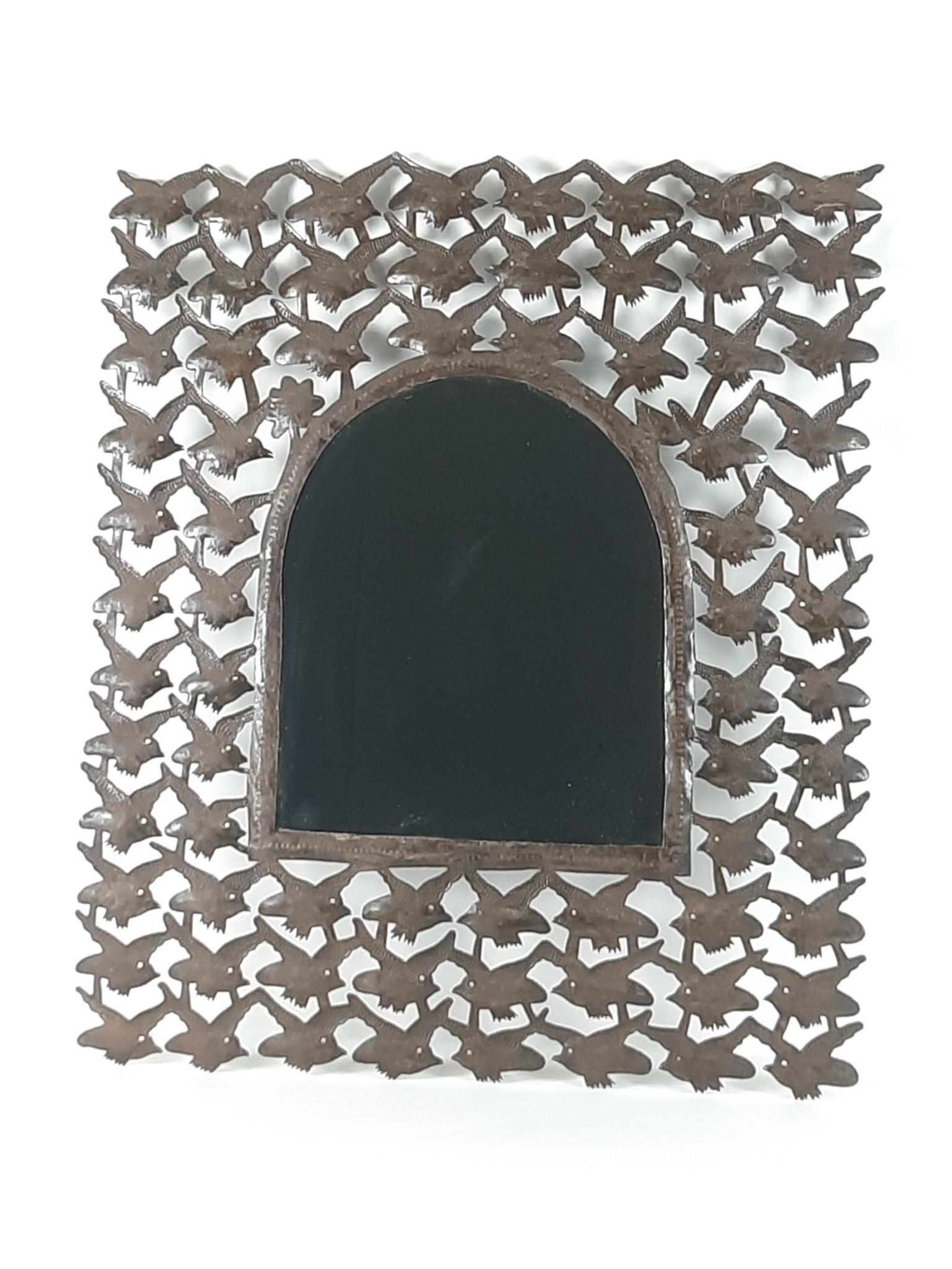 Jonas Balan Figural Birds Mirror: Jonas Balan is a Haitian metal artist. Overall with frame 34" high x 28" wide. LR IMPORTANT: Before bidding, please read the terms and conditions. When you registered for the auction you agreed to the