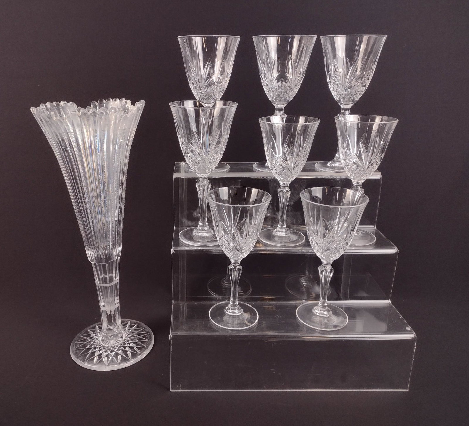 8 Pcs Stemware & Vase: 3-1/2" to 5-1/2" diameter X 7-1/4" to 14" high. MEG IMPORTANT: Before bidding, please read the terms and conditions. When you registered for the auction you agreed to these terms and will be required 