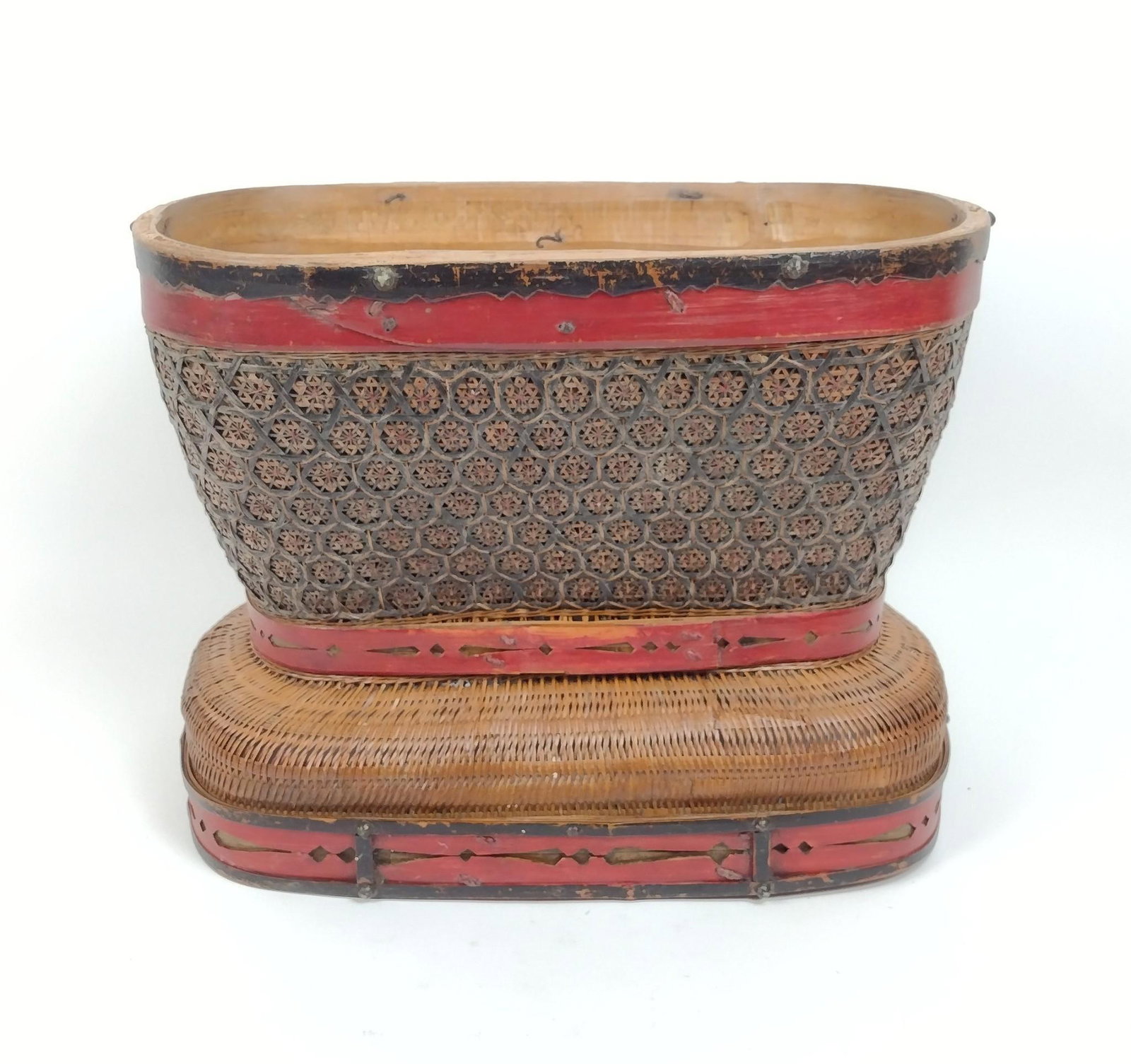 Chinese Handwoven Basket: 16" wide X 9" deep X 12" high. MEG IMPORTANT: Before bidding, please read the terms and conditions. When you registered for the auction you agreed to these terms and will be required to comply with th