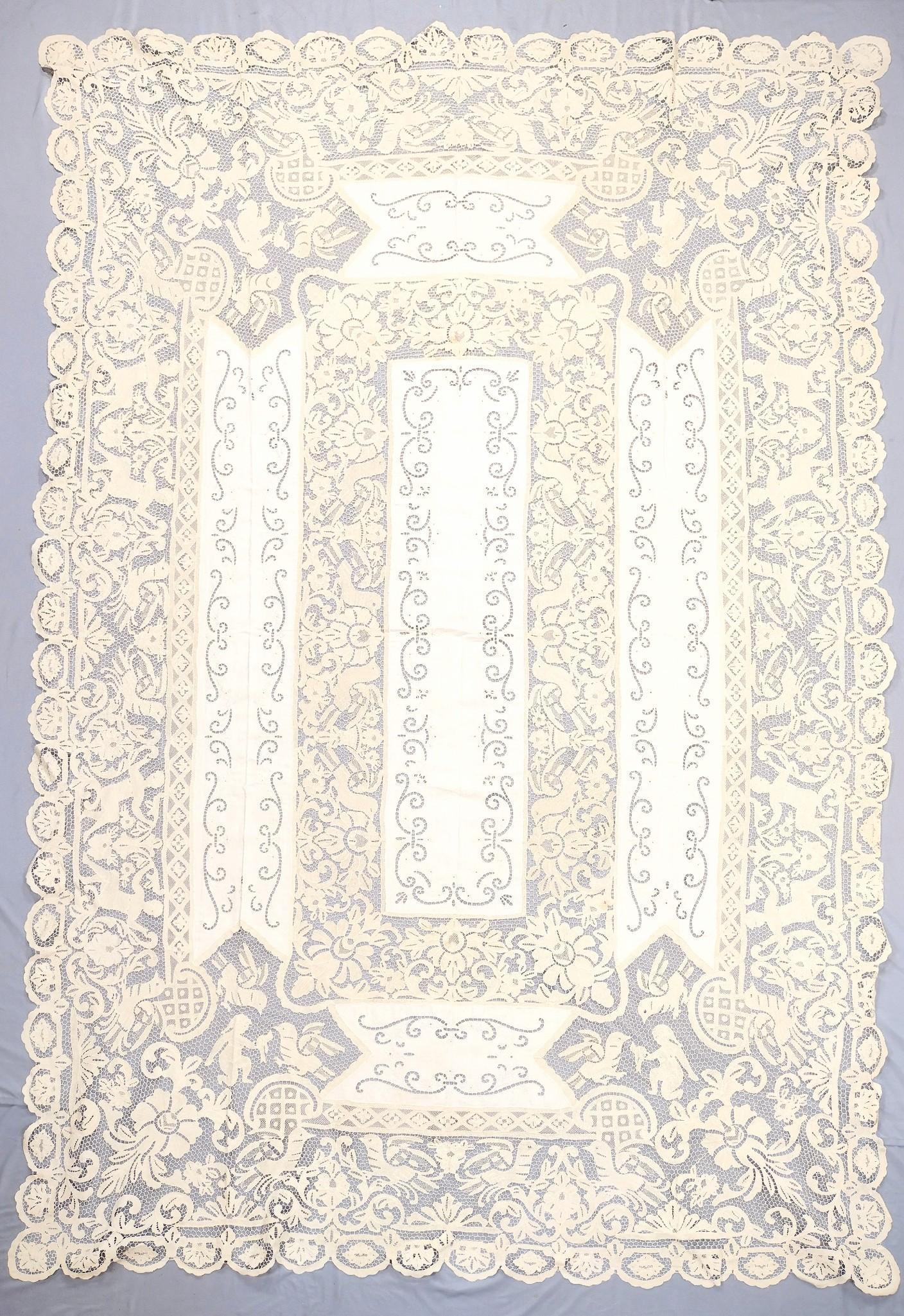 Off-White Floral Tablecloth: 5' 6" wide x 8' 6" high. MEG From the estate of Lois Lehrman Grass Harrisbur, PA. IMPORTANT: Before bidding, please read the terms and conditions. When you registered for the auction you agreed to the