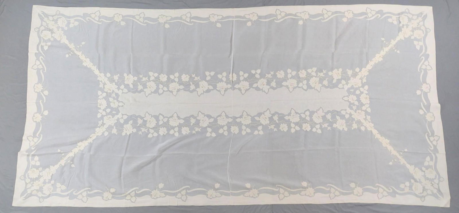 Table Cover: 13' long X 6'6" wide. MG. From the estate of Lois Lehrman Grass Harrisbur, PA. IMPORTANT: Before bidding, please read the terms and conditions. When you registered for the auction you agreed to these