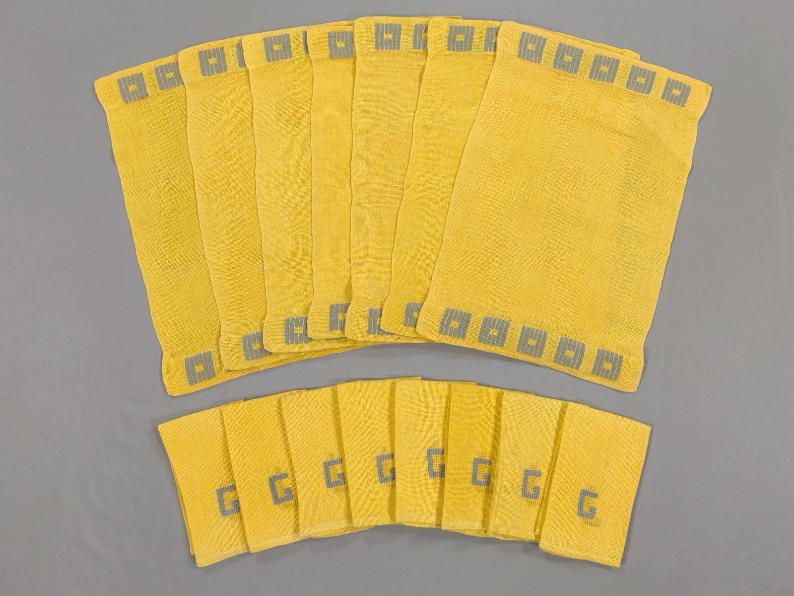 Ian Mason 7 Placemats & 8 Monogram Napkins: Hand Woven. MG. From the estate of Lois Lehrman Grass Harrisbur, PA. IMPORTANT: Before bidding, please read the terms and conditions. When you registered for the auction you agreed to these terms and