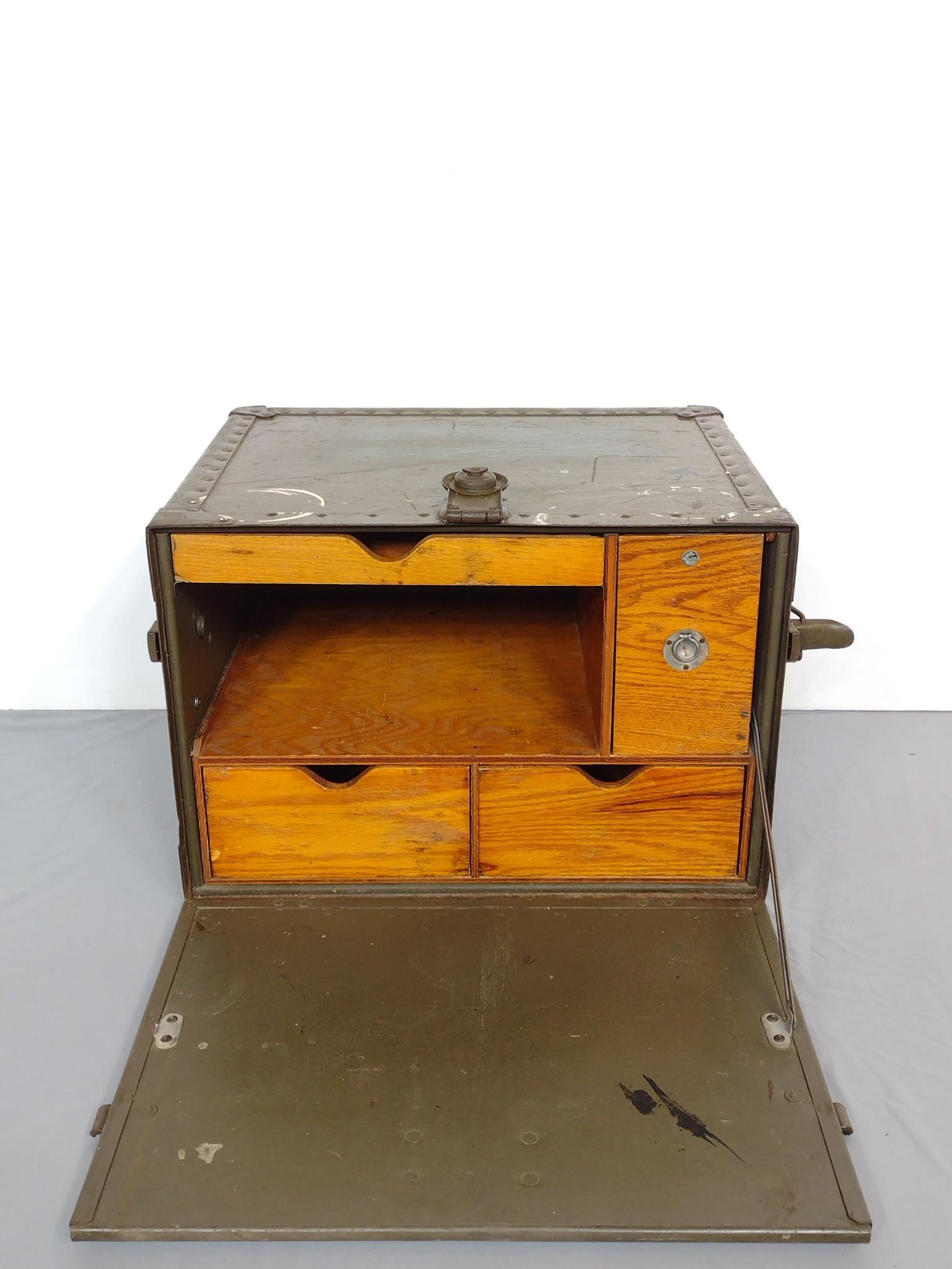 Military Field Desk: 20-1/2" wide X 15-3/4" deep X 14-3/4" high. Has paint and scratches. Leather handles are worn. Inside wood has some discoloring. MG. IMPORTANT: Before bidding, please read the terms and conditions. Wh