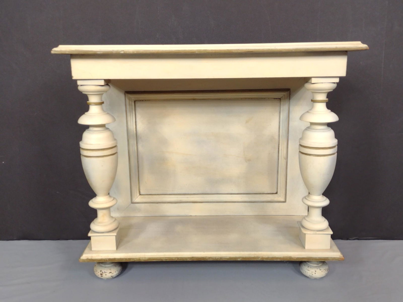 Low Hall Table: 29" wide X 12" deep X 25-1/2" high. Has some light scratches. No manufactures name found. MG. IMPORTANT: Before bidding, please read the terms and conditions. When you registered for the auction you a