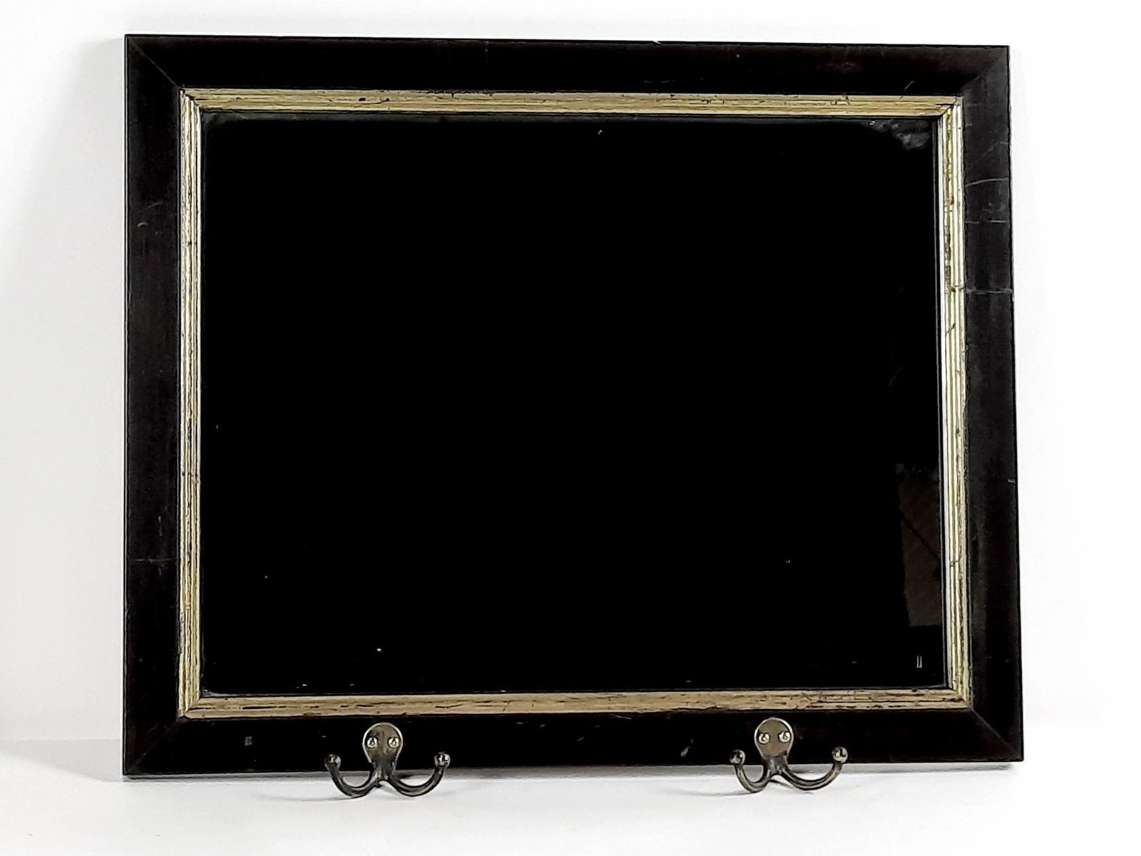 Antique Mirror With Coat Hooks: Overall with frame 17-3/4" high x 21" wide. LR IMPORTANT: Before bidding, please read the terms and conditions. When you registered for the auction you agreed to these terms and will be required to co