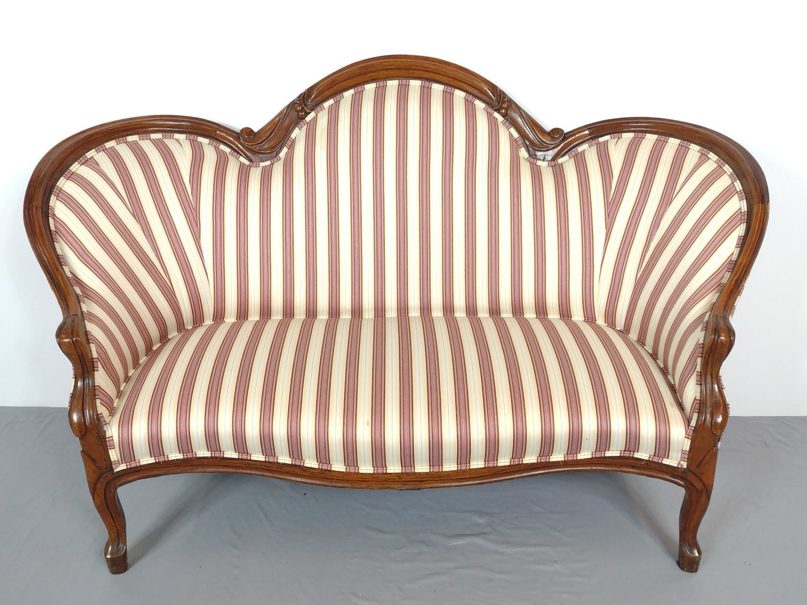 Settee: 58-1/2" wide X 25-1/2" deep x37-1/4" high. Fabric has a few small spots of discoloring. MG. IMPORTANT: Before bidding, please read the terms and conditions. When you registered for the auction you agr