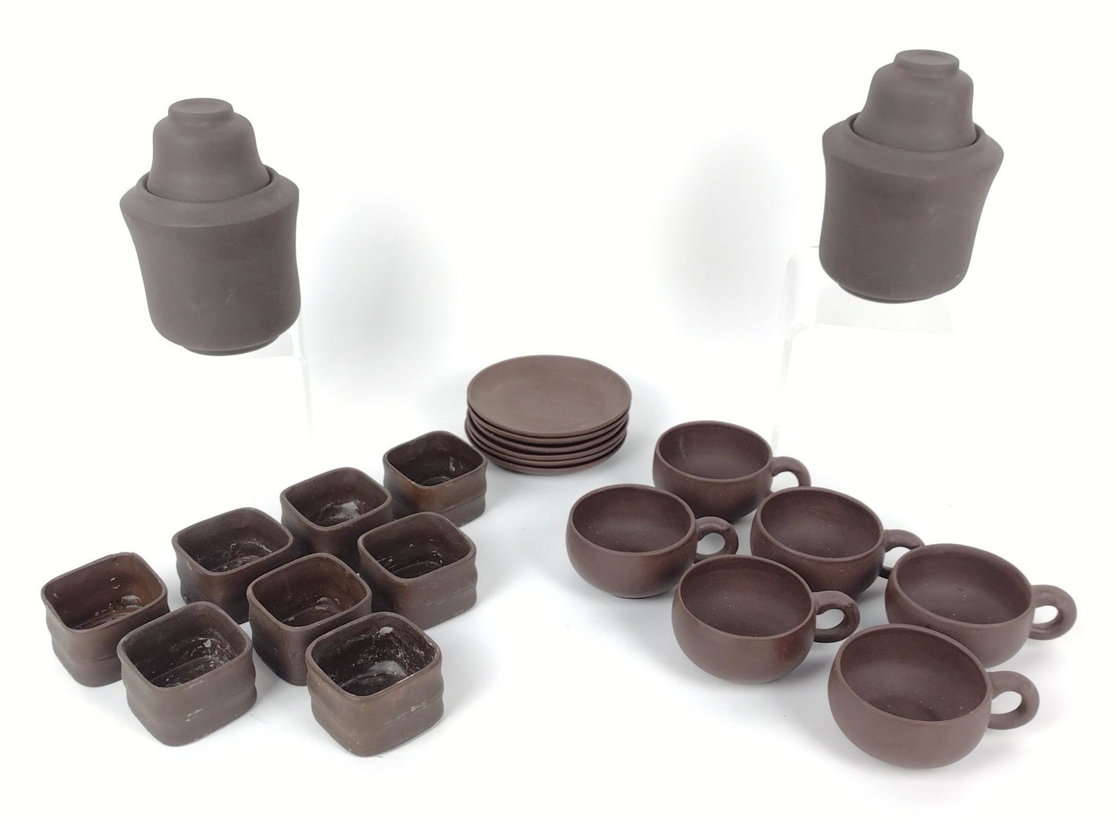 24 Pcs Chinese Clay Ceramics: Also includes 2 wine saucers. MG. IMPORTANT: Before bidding, please read the terms and conditions. When you registered for the auction you agreed to these terms and will be required to comply with the