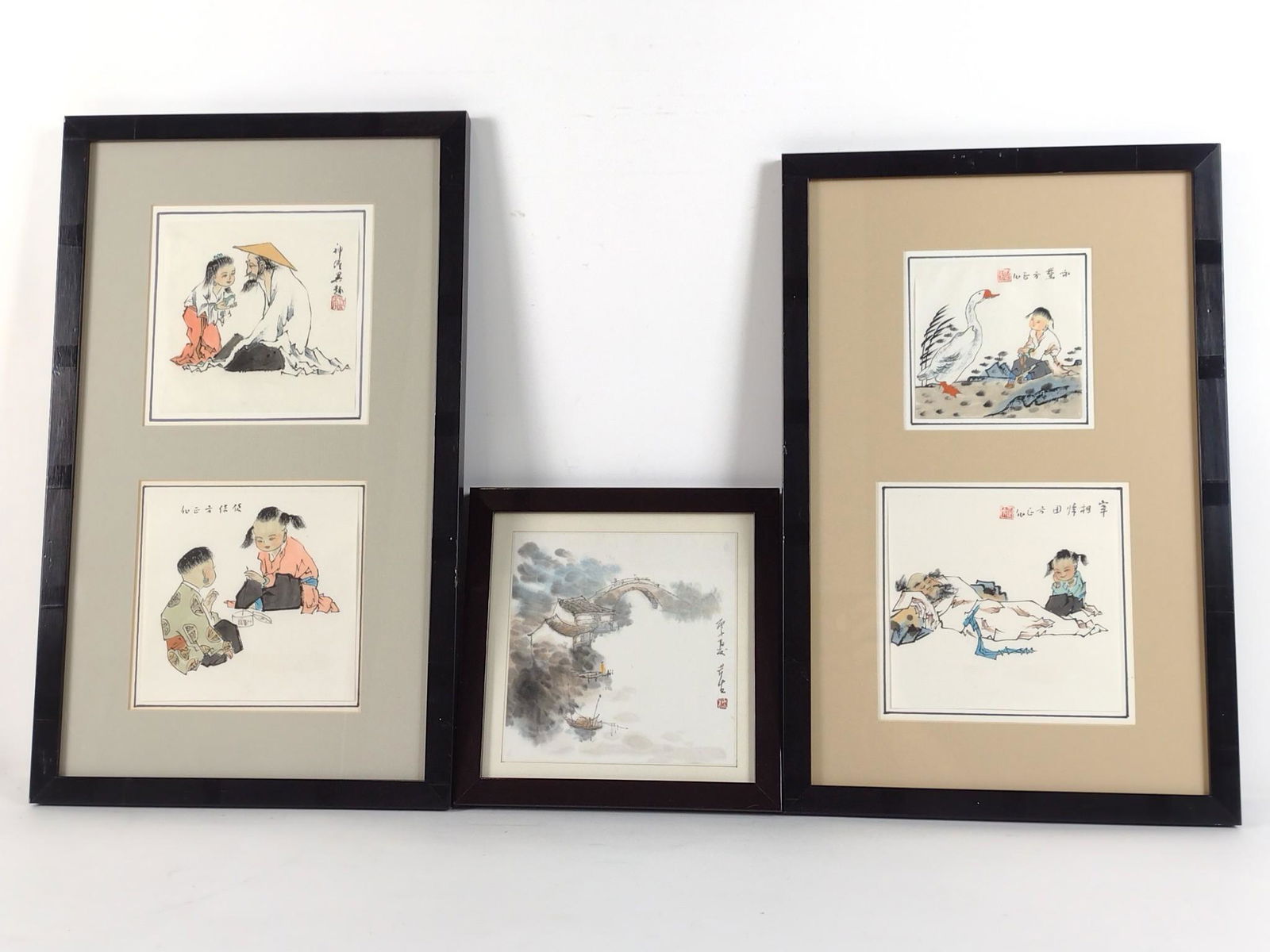 3 Chinese Watercolors Incl Children and Landscape (1 of 5)