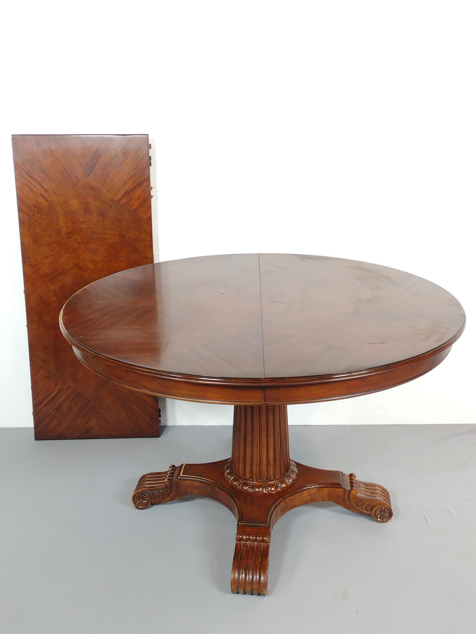 Dining Table With One Leaf: Table 48" diameter X 30" high. Table leaf 20" wide. Table has some light scratches. No manufactures name found. MG. IMPORTANT: Before bidding, please read the terms and conditions. When you registered