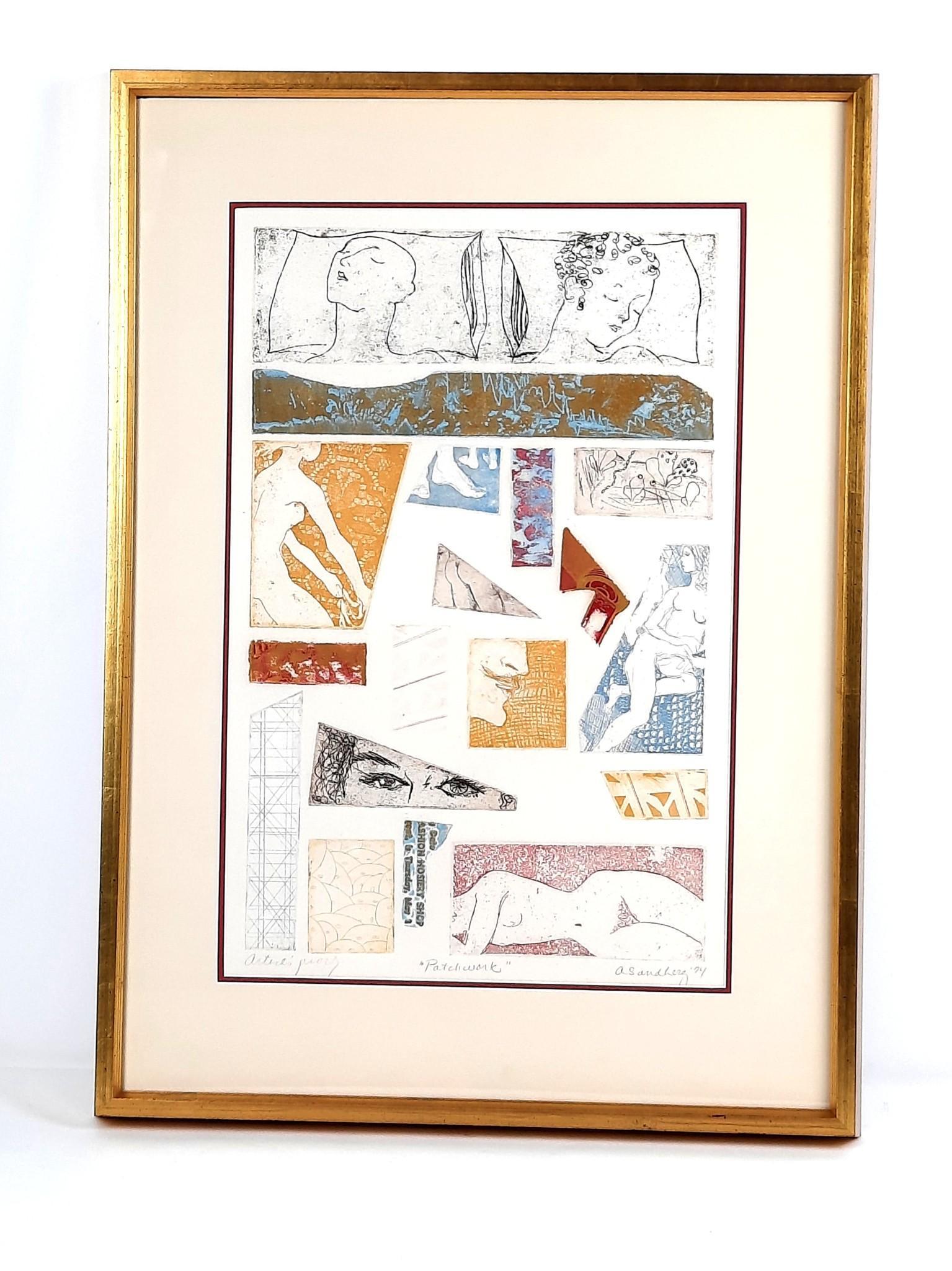 Andrew Sandberg "Patchwork" Intaglio Artist Proof Print: Overall with frame 29-1/4" high x 21" wide. LR IMPORTANT: Before bidding, please read the terms and conditions. When you registered for the auction you agreed to these terms and will be required to co