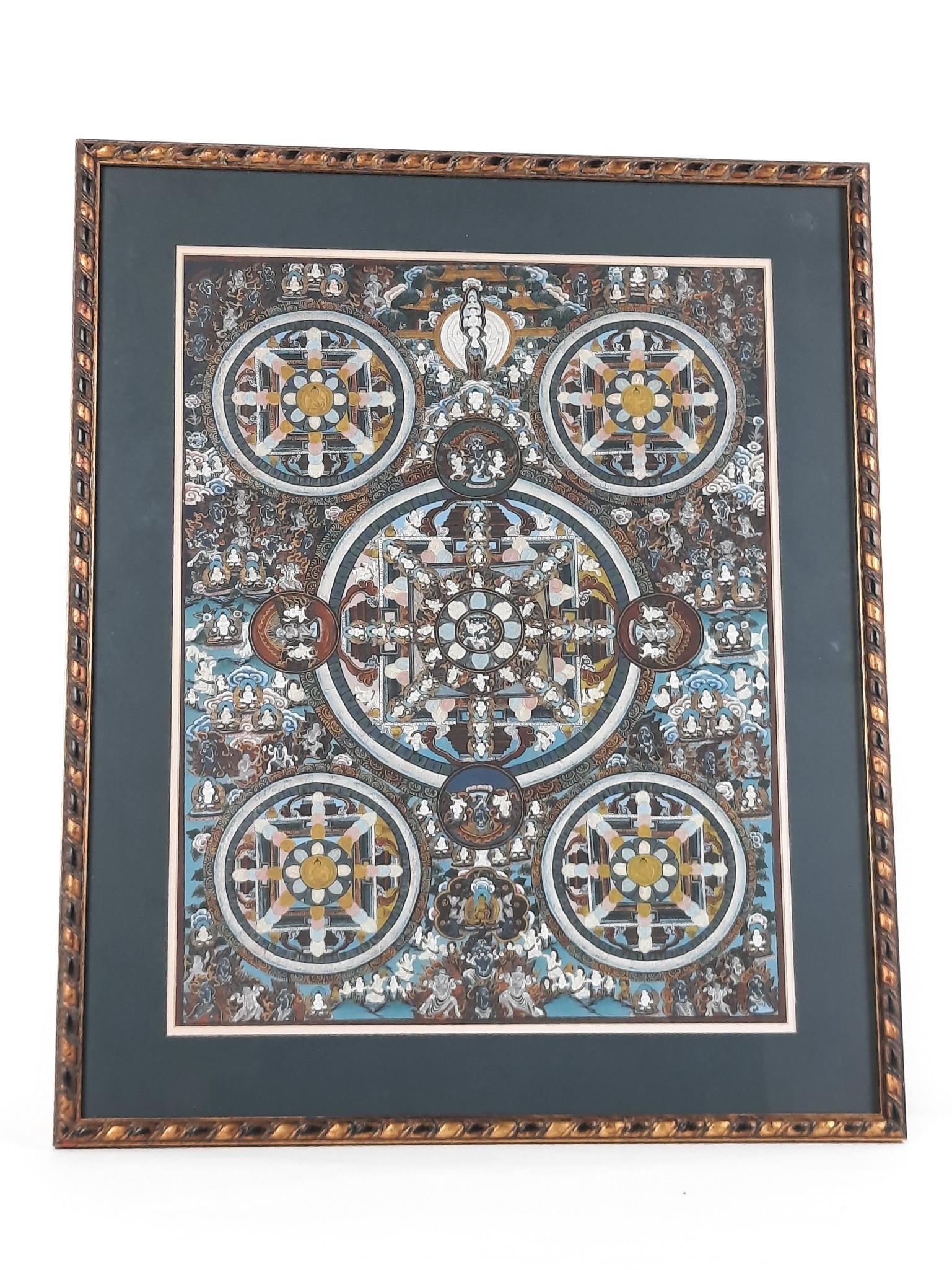 Tibetan Mandala Dhyani Buddha Thanka: Overall with frame 24-1/4" high x 19-3/4" wide. LR IMPORTANT: Before bidding, please read the terms and conditions. When you registered for the auction you agreed to these terms and will be required t