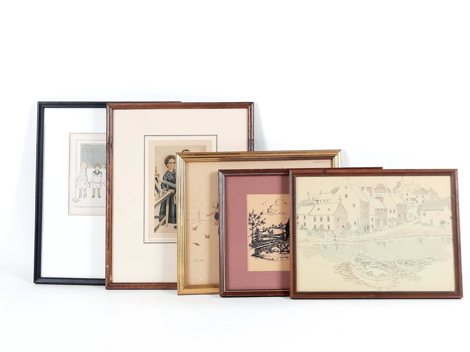 5 Vintage Prints incl Pierrre Curie and Marie Sklodowska Curie: Overall with frames 9-3/4" to 15" high x 11-1/2" to 12-3/4" wide. LR IMPORTANT: Before bidding, please read the terms and conditions. When you registered for the auction you agreed to these terms and 